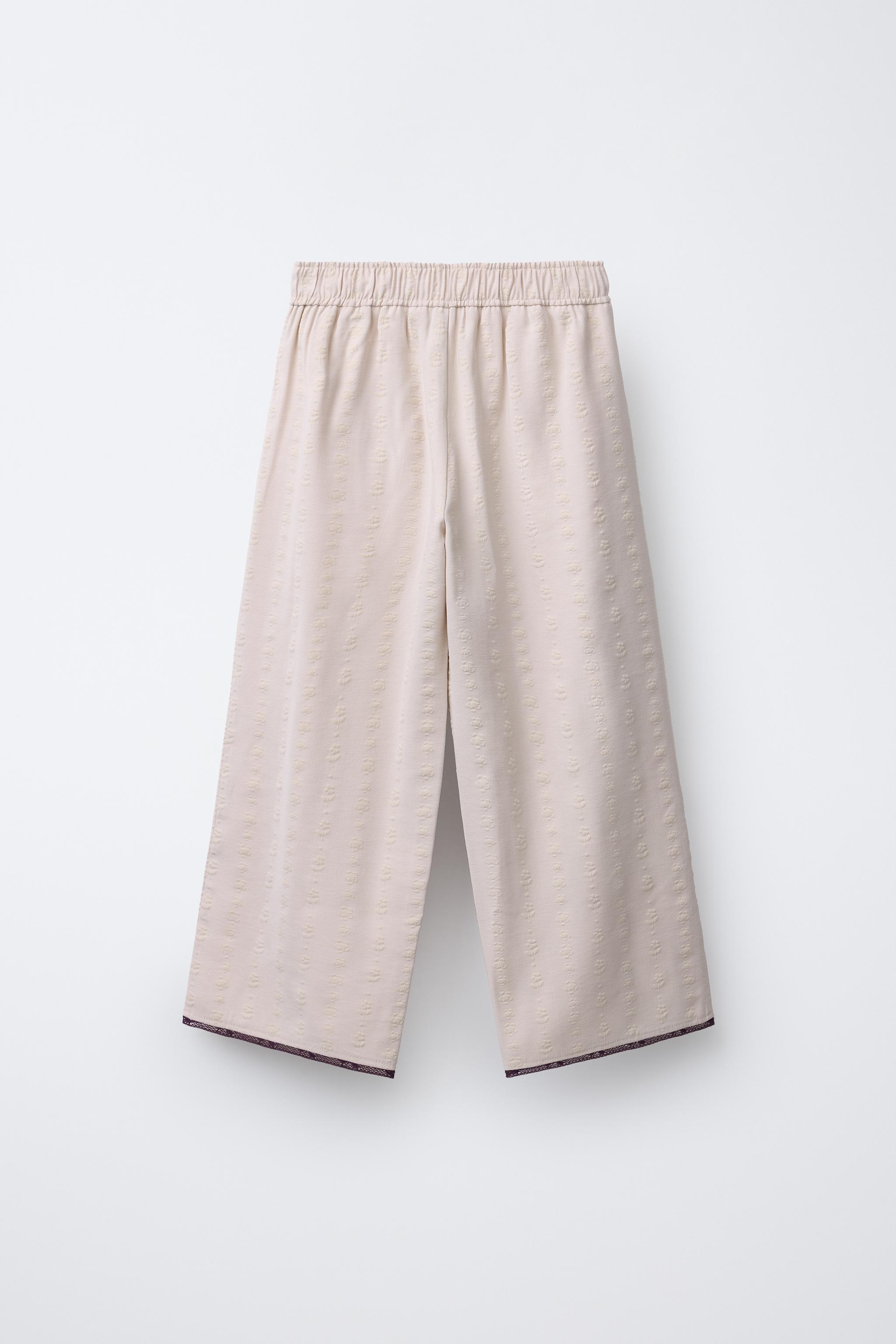 STRAIGHT LEG FLORAL PANTS WITH LACE TRIM