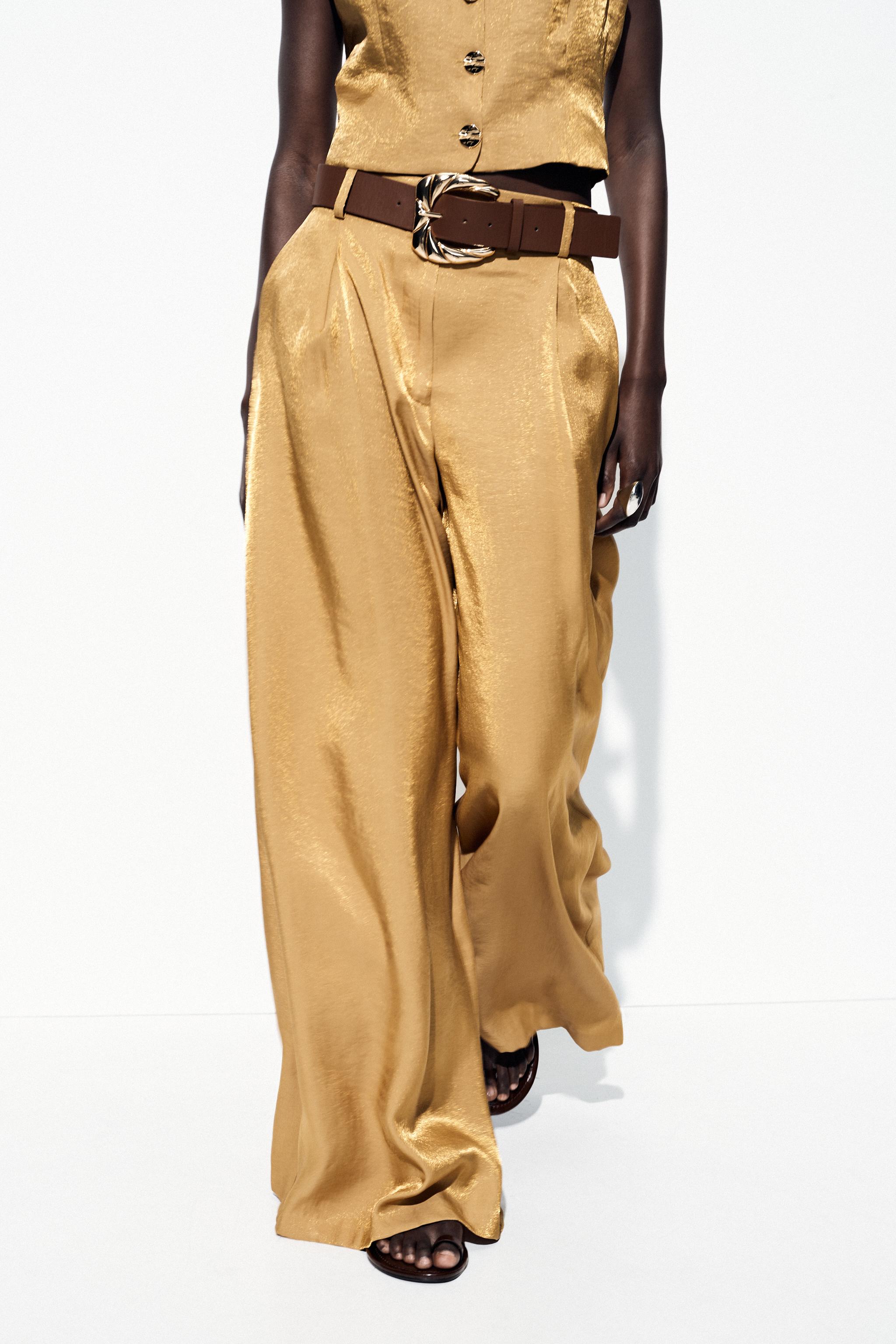 SATIN WIDE LEG BELTED PANTS