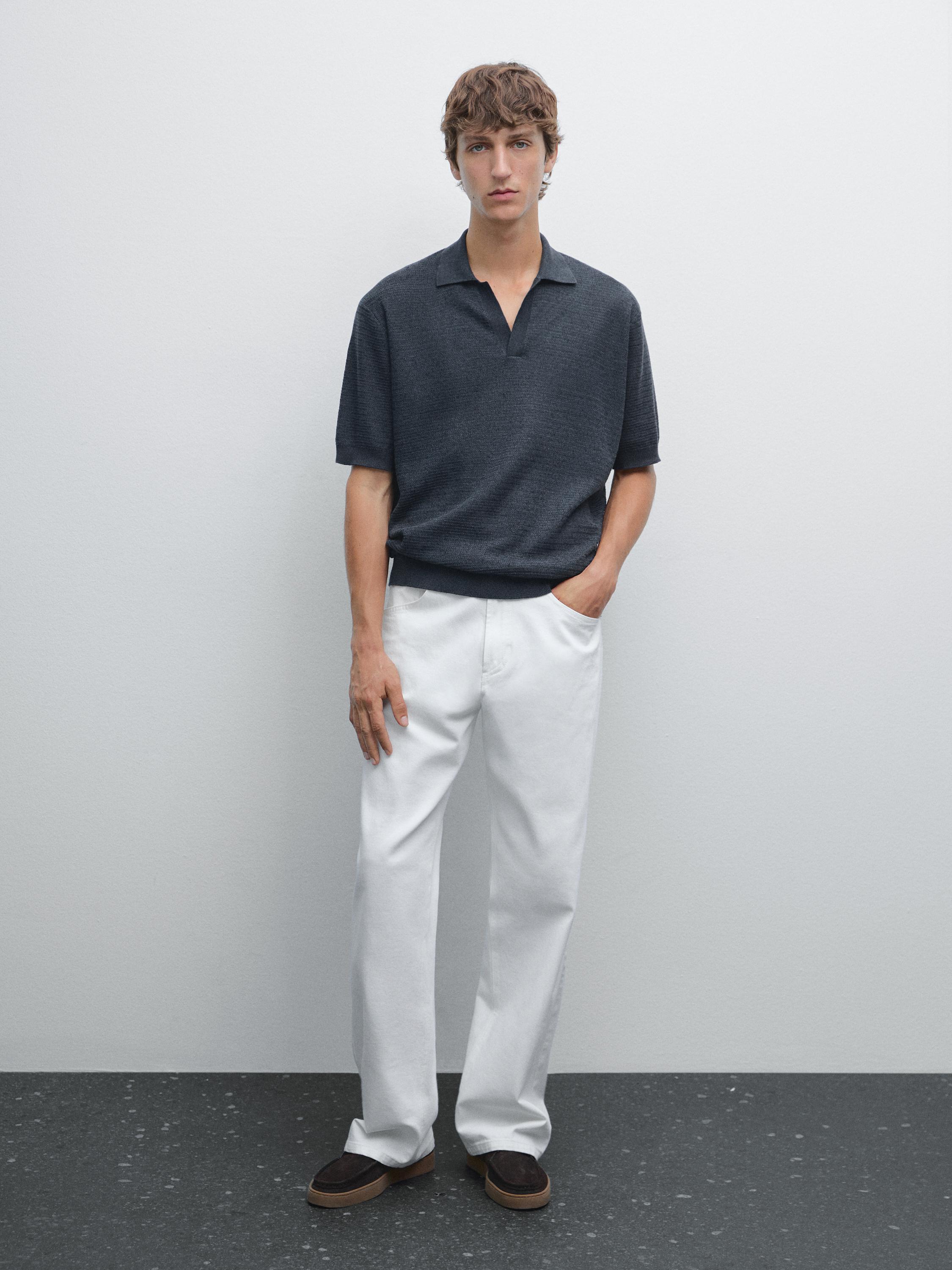 Linen and cotton knit polo shirt