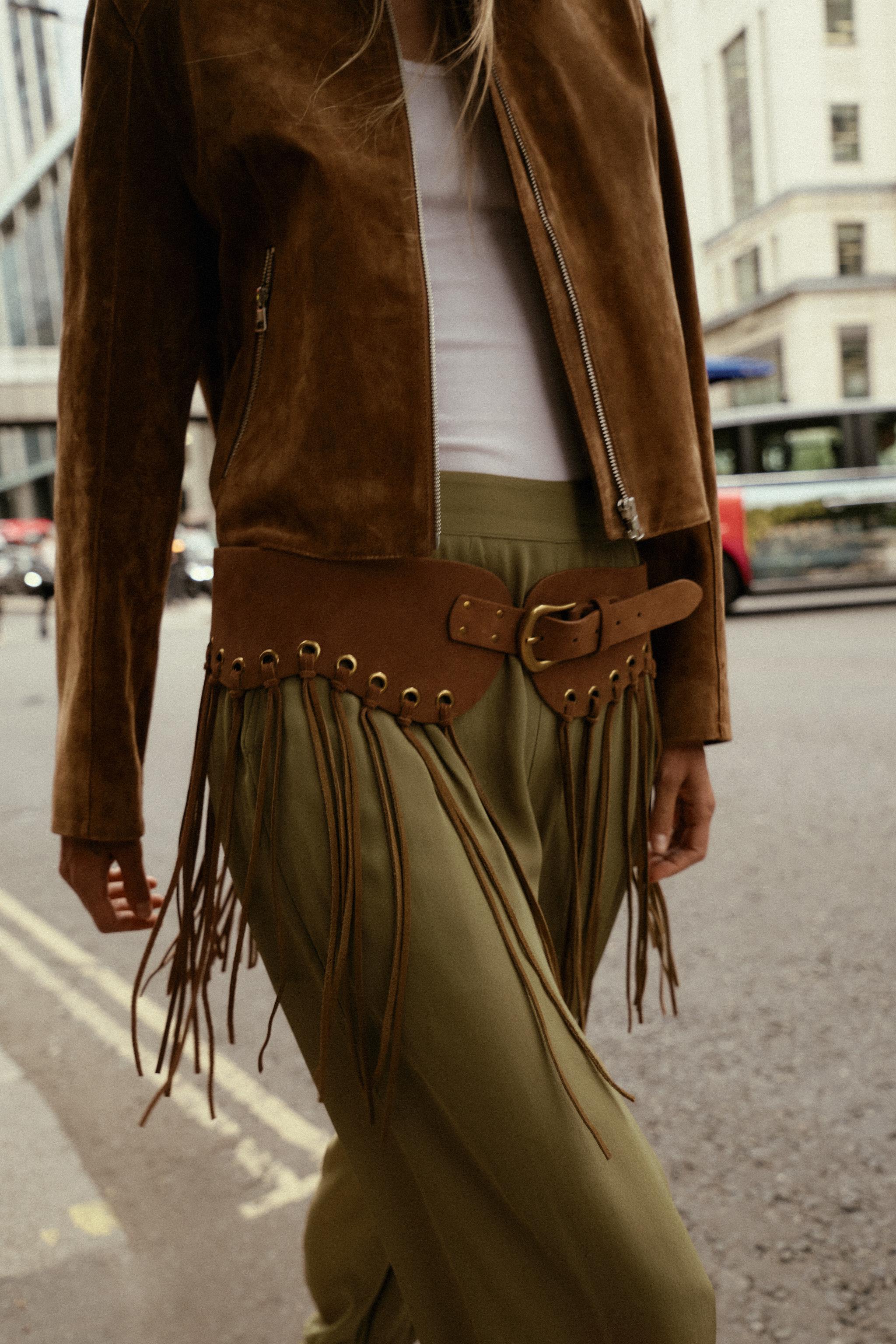 LEATHER FRINGED OBI BELT