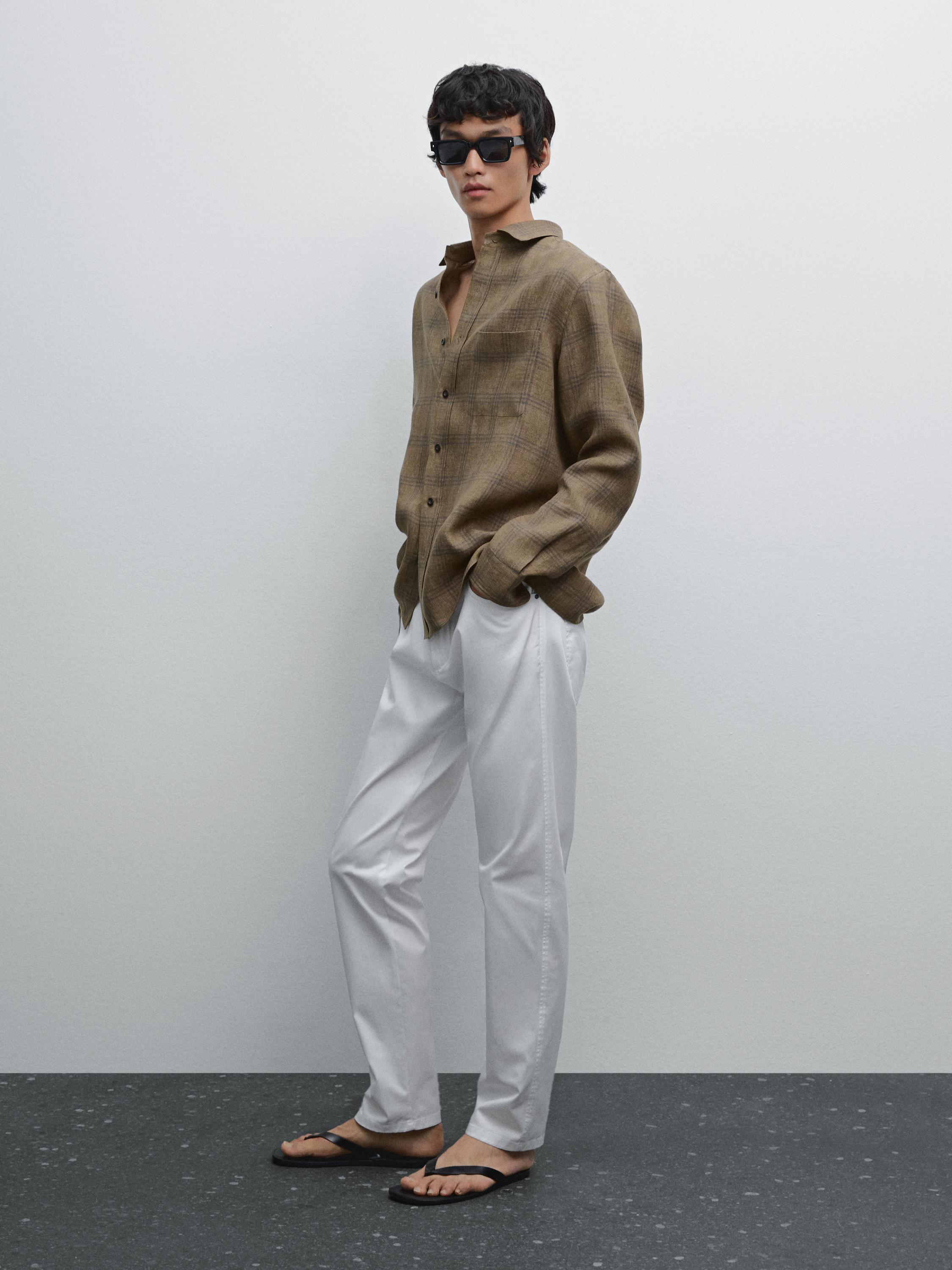 Slim-fit lightweight textured weave denim trousers