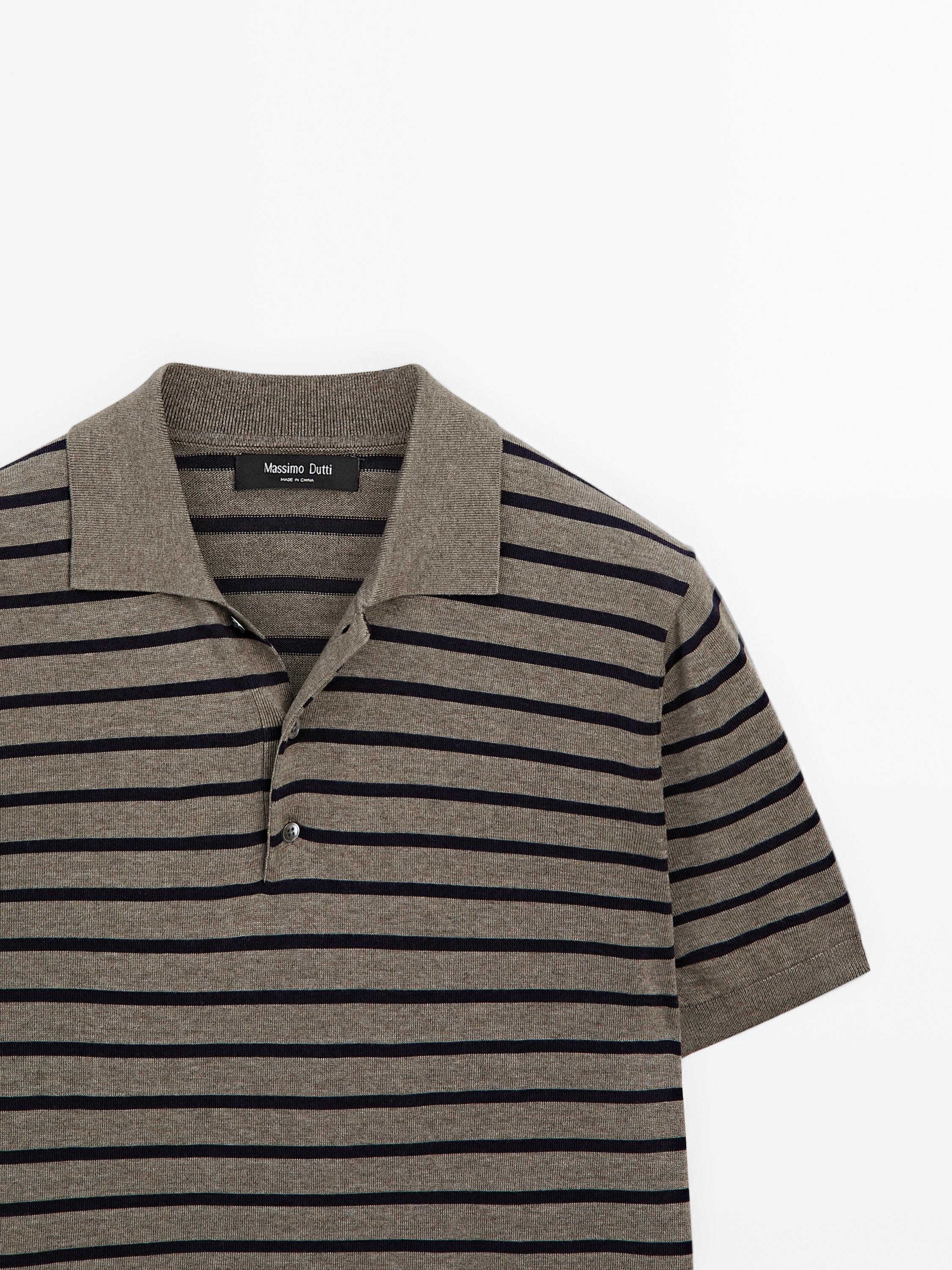 Short sleeve striped knit polo shirt