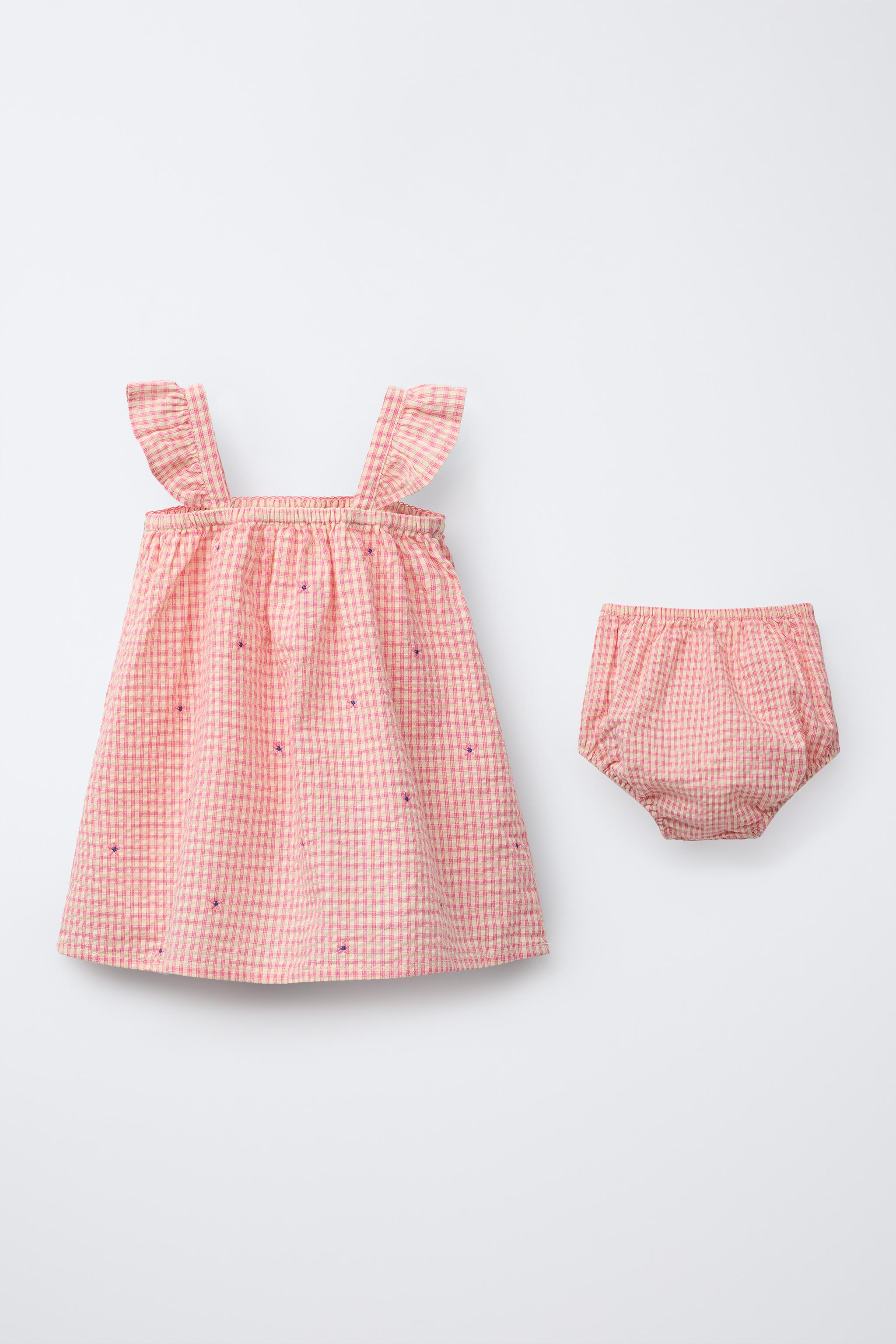 GINGHAM CHECK DRESS AND BLOOMERS WITH EMBROIDERED FLOWERS