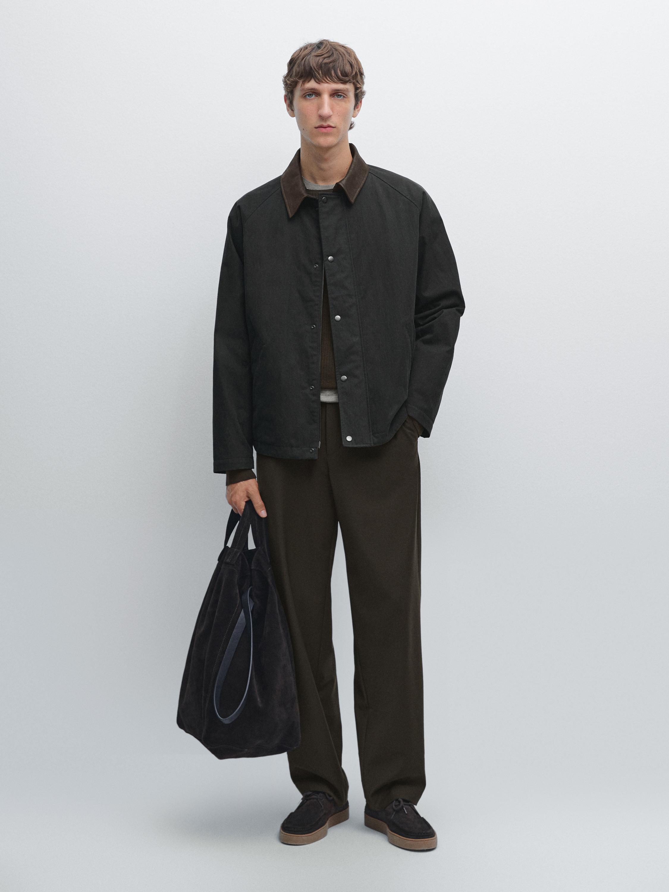 Jacket with leather collar detail