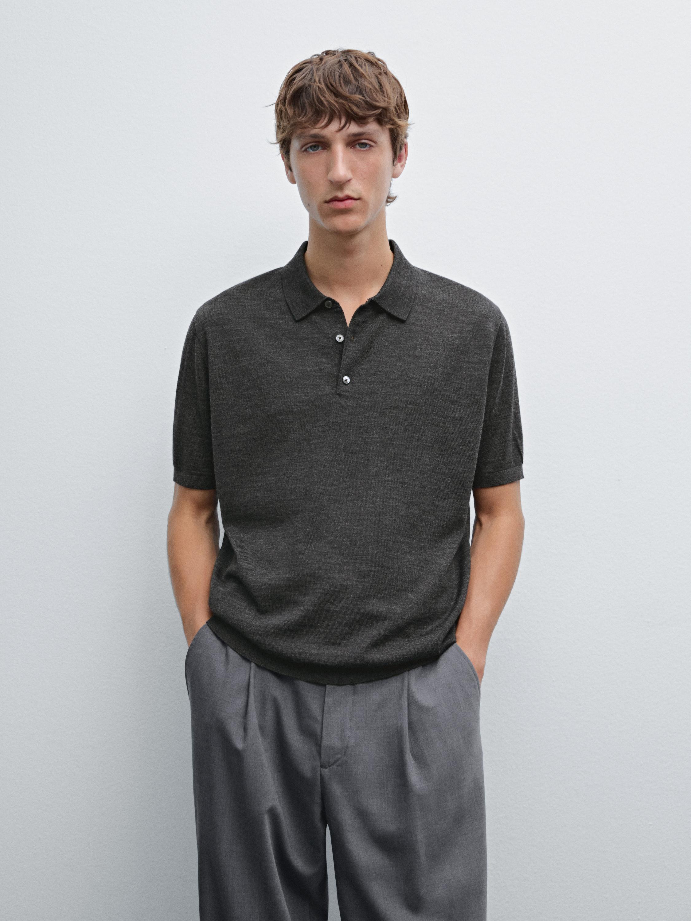 Short sleeve wool blend knit polo shirt