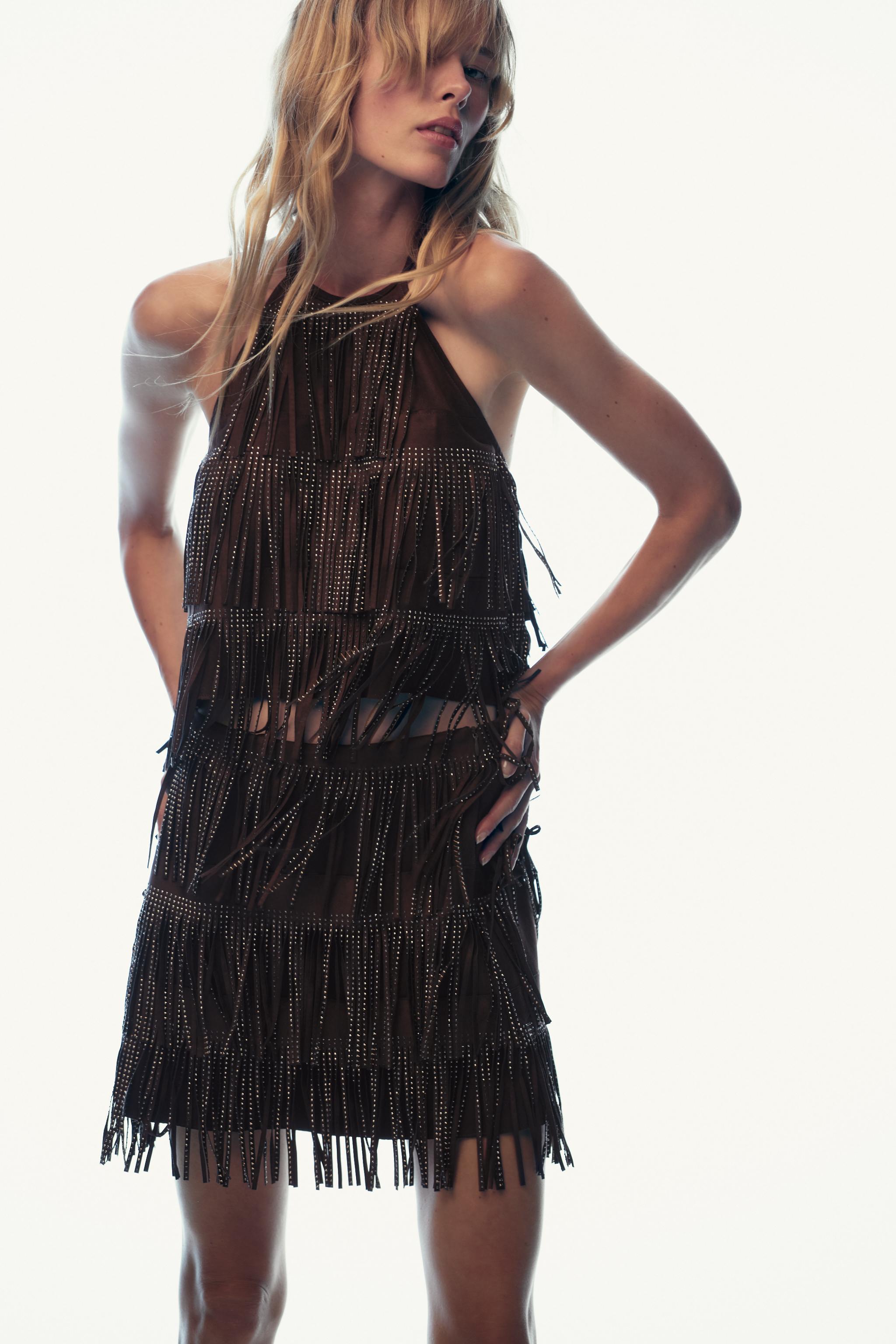 SHIMMERING FAUX SUEDE FRINGE SKIRT