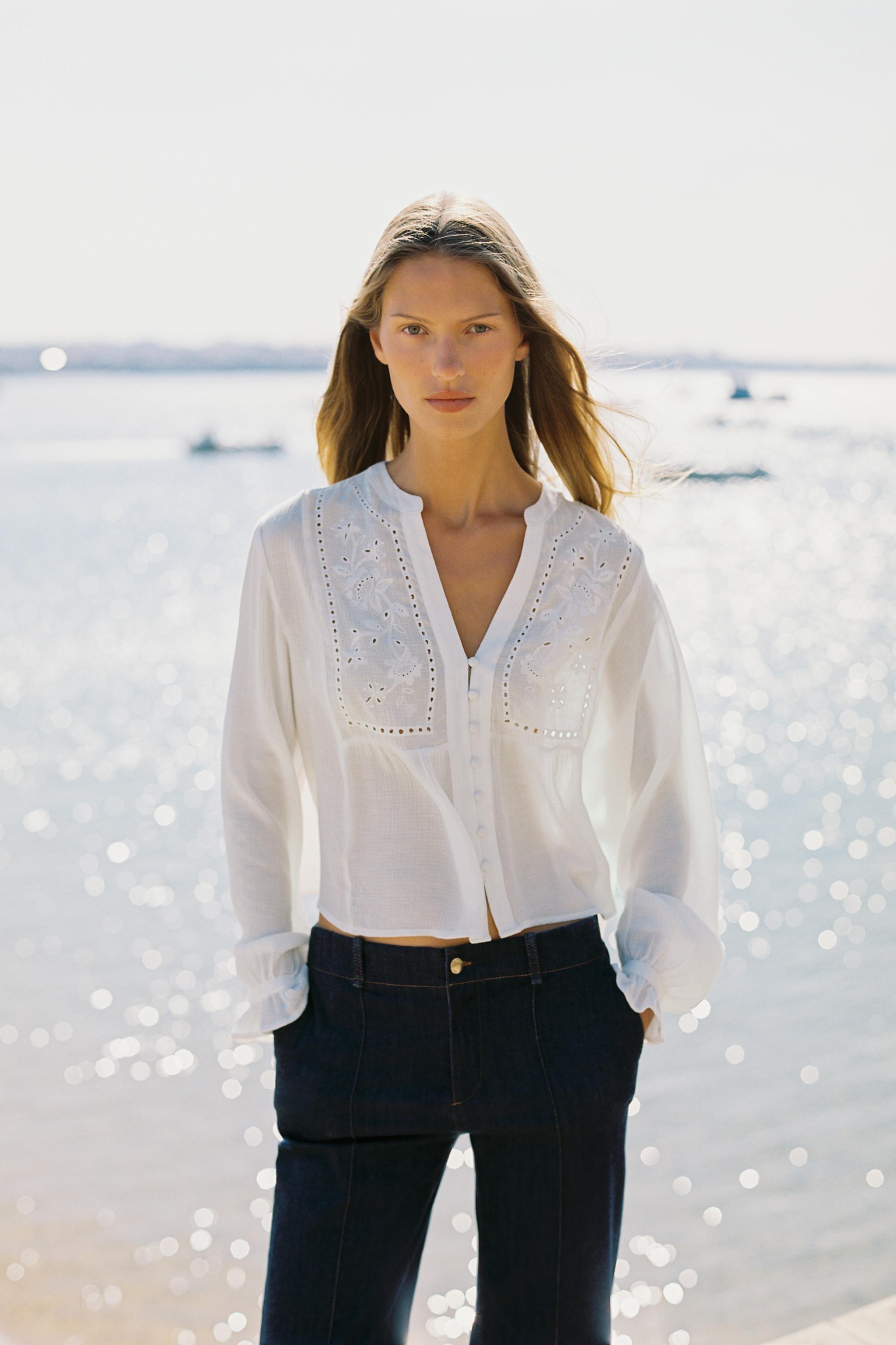 SHORT EMBROIDERED EYELET BLOUSE