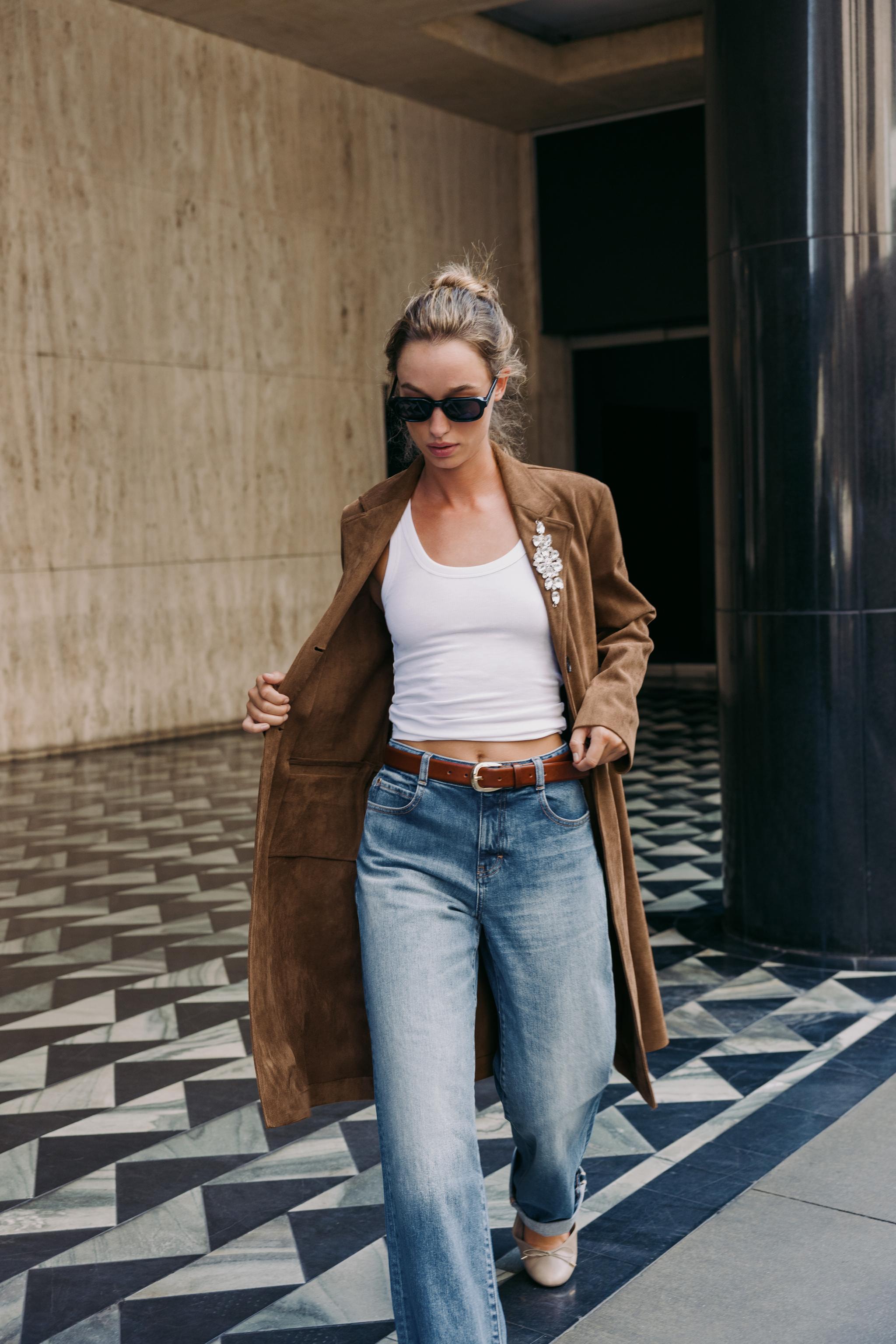 FAUX SUEDE FROCK COAT WITH BROOCH