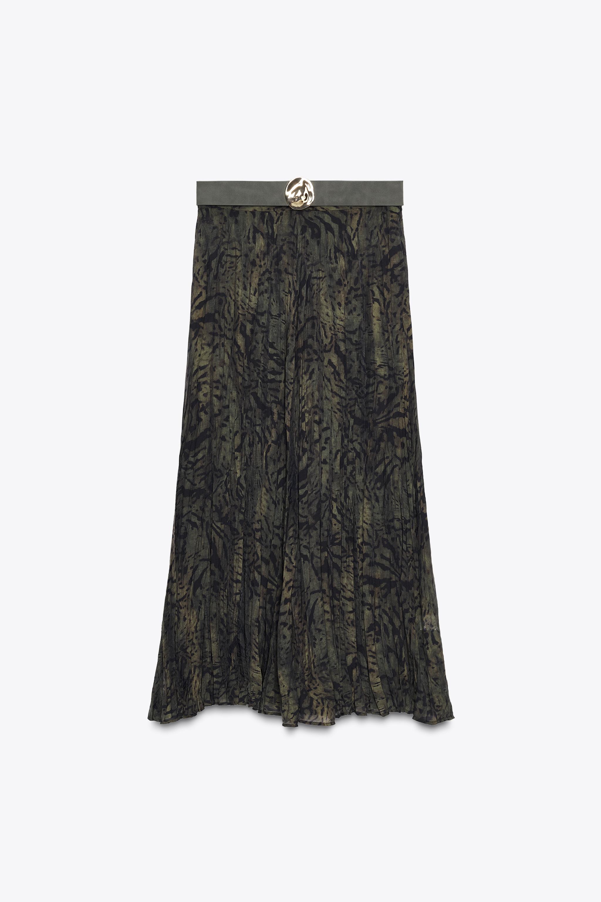 BELTED ANIMAL PRINT MIDI SKIRT