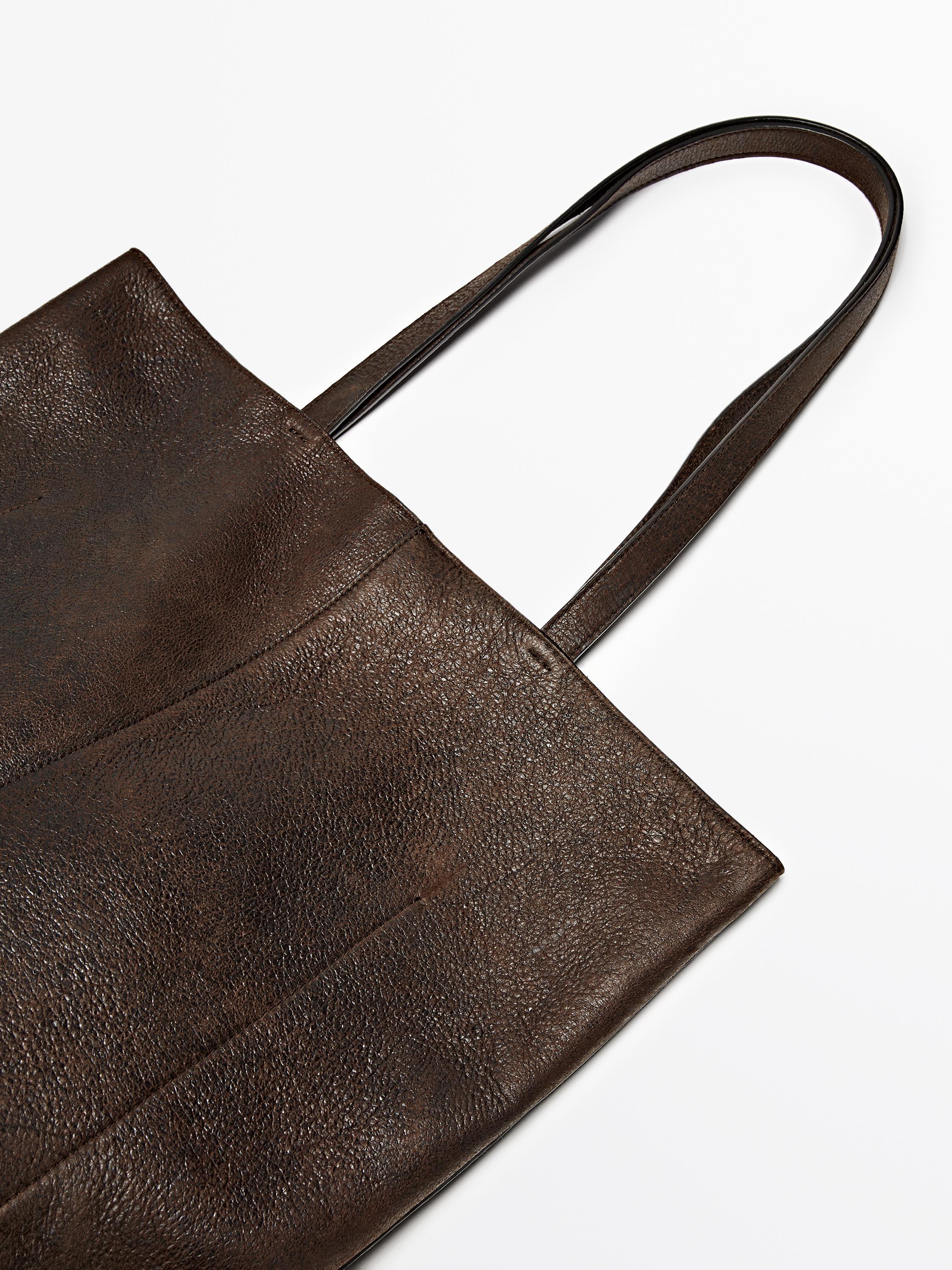 Suede leather tote bag with crackled finish