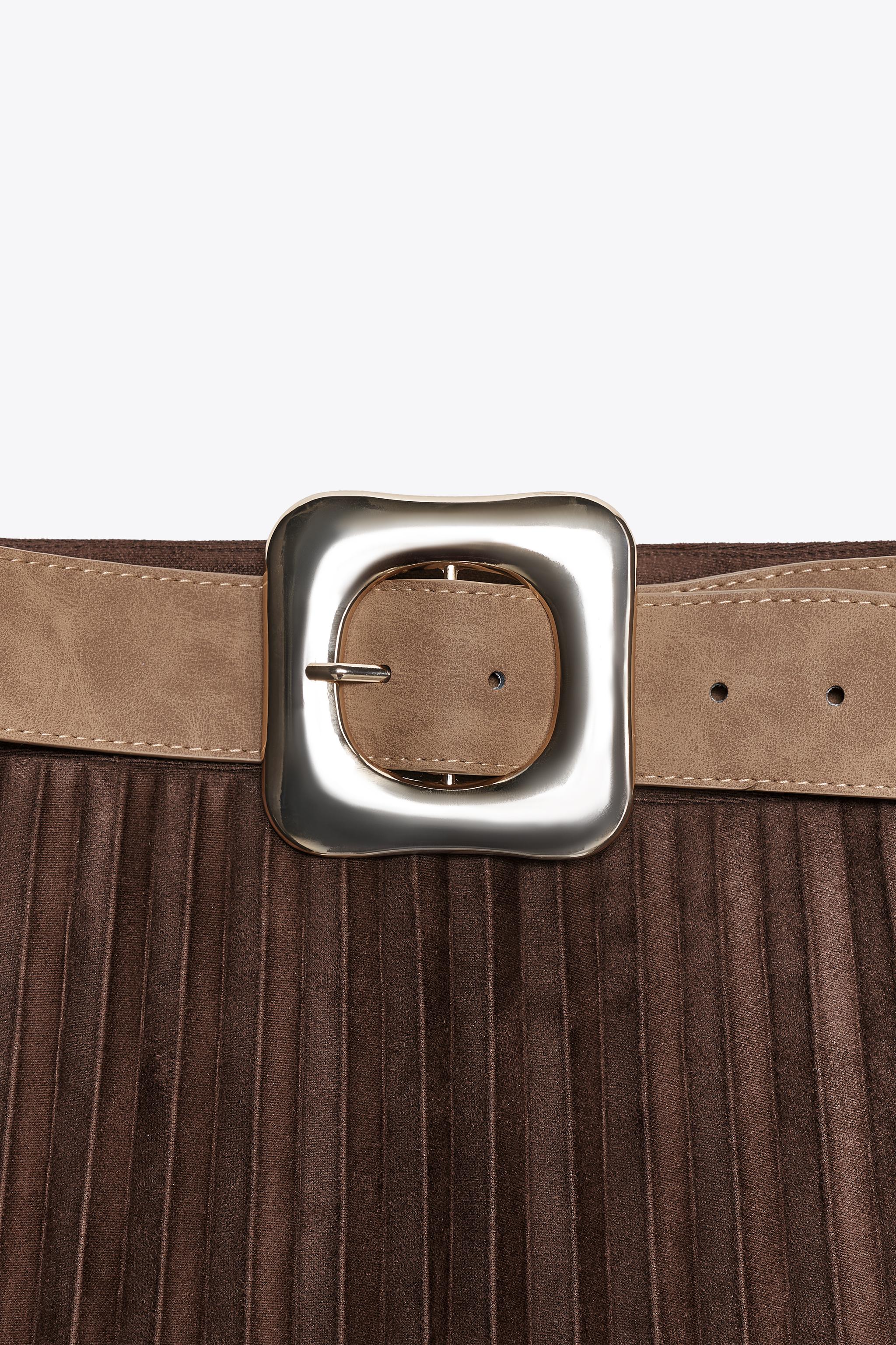 BELTED FAUX SUEDE EFFECT PLEATED MIDI SKIRT