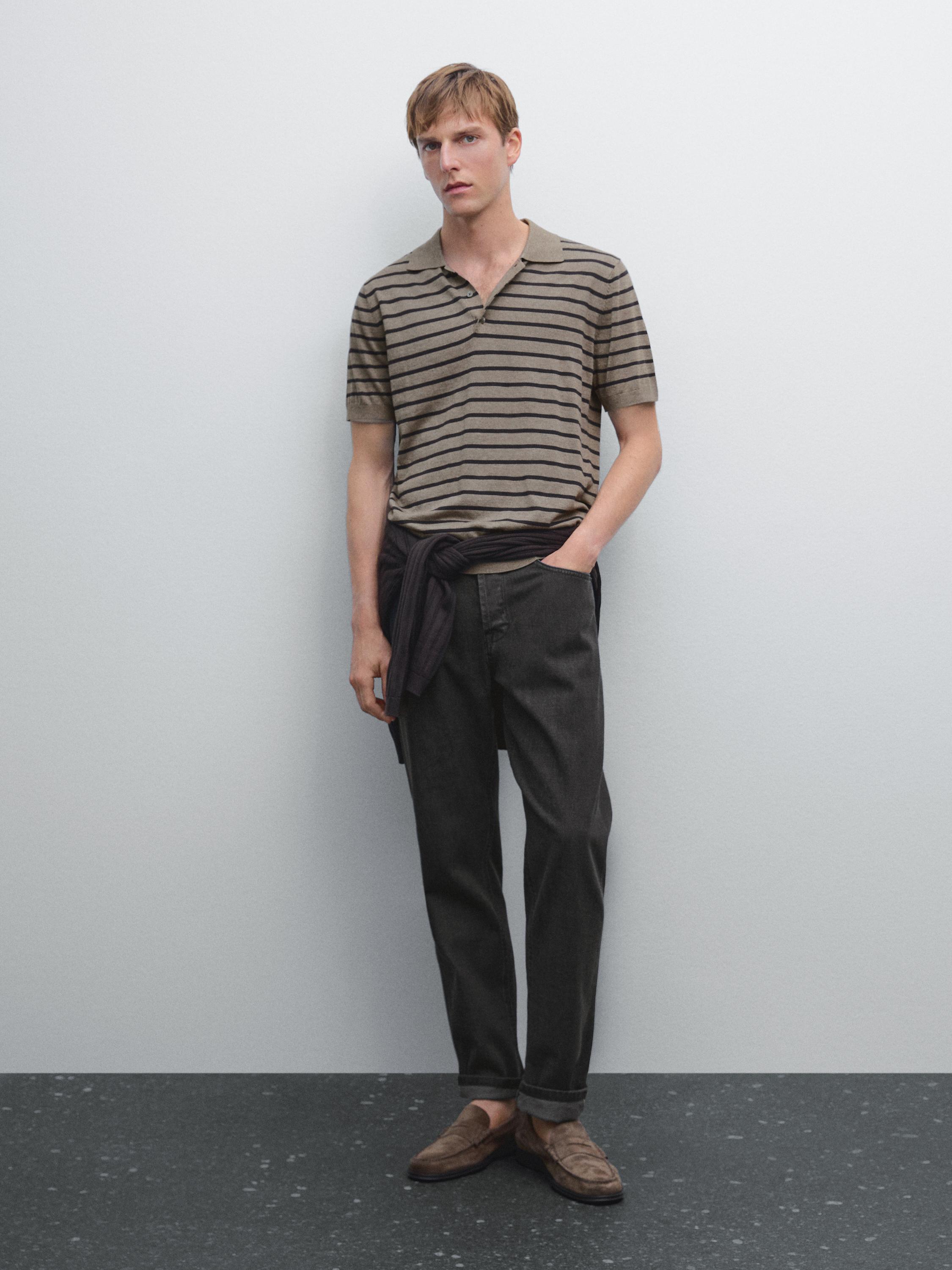 Short sleeve striped knit polo shirt