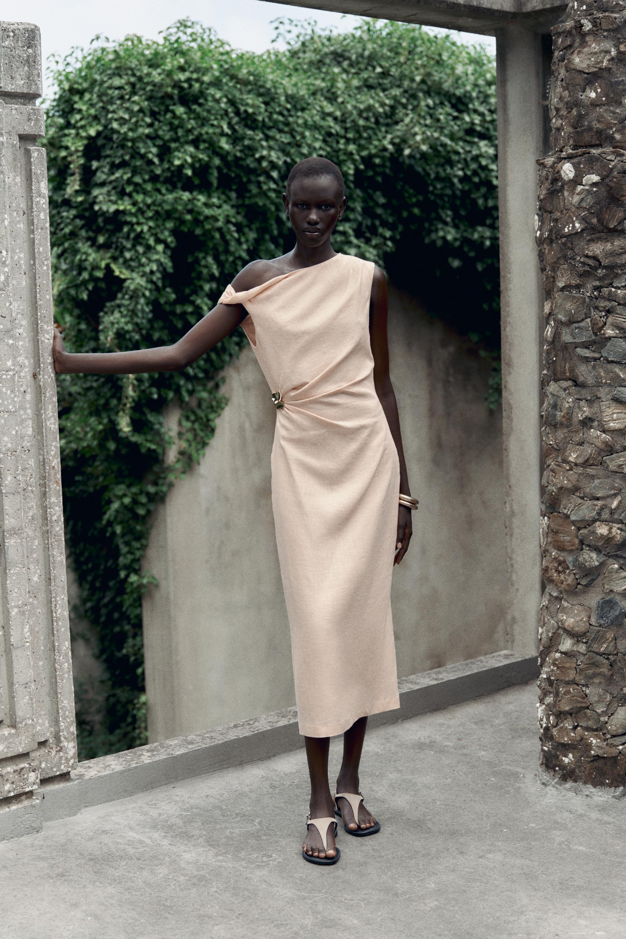 ASYMMETRIC LINEN-BLEND MIDI DRESS WITH APPLIQUÉ