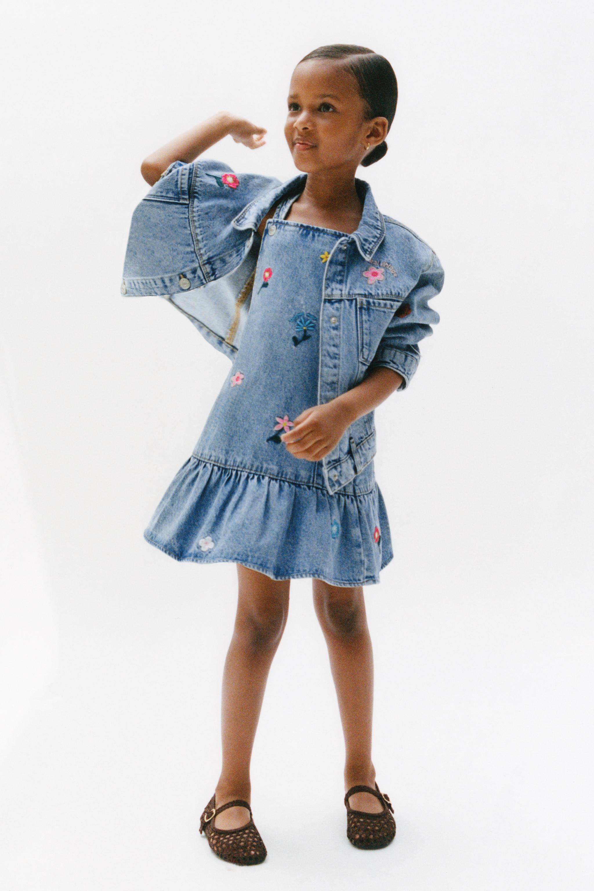 EMBROIDERED FLORAL DENIM PINAFORE DRESS