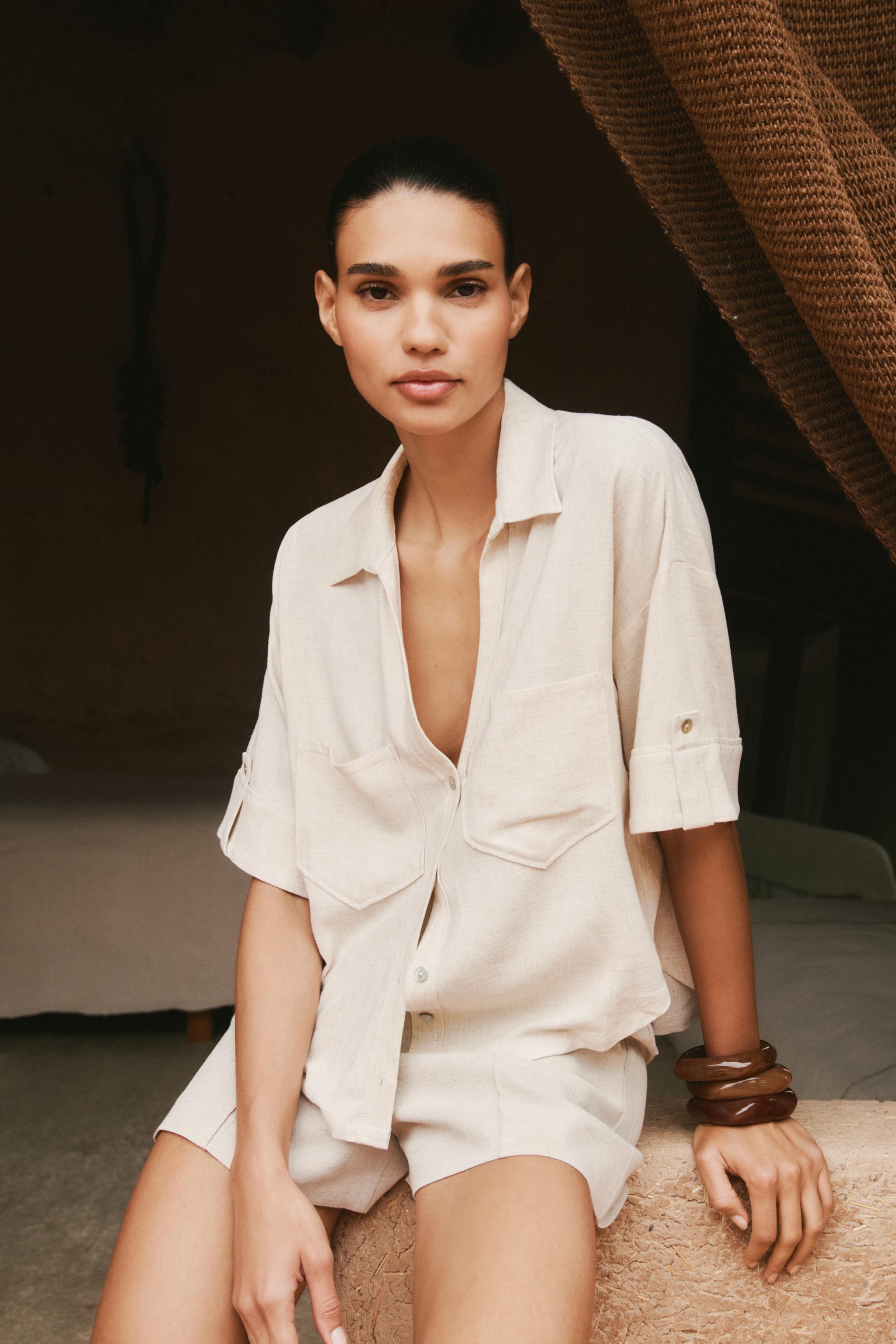 LINEN BLEND CROPPED SHIRT