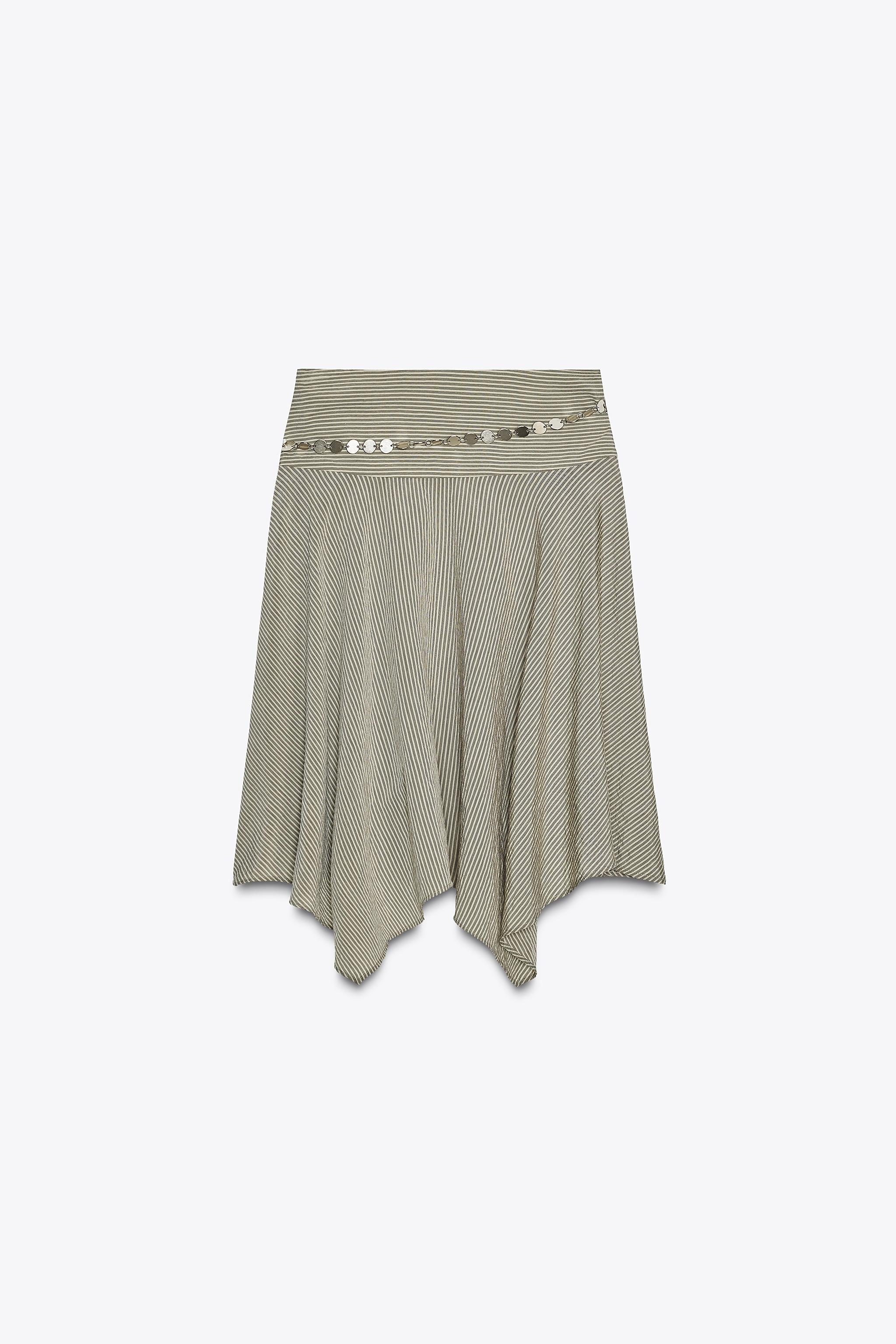 STRIPED ASYMMETRIC BELTED MIDI SKIRT