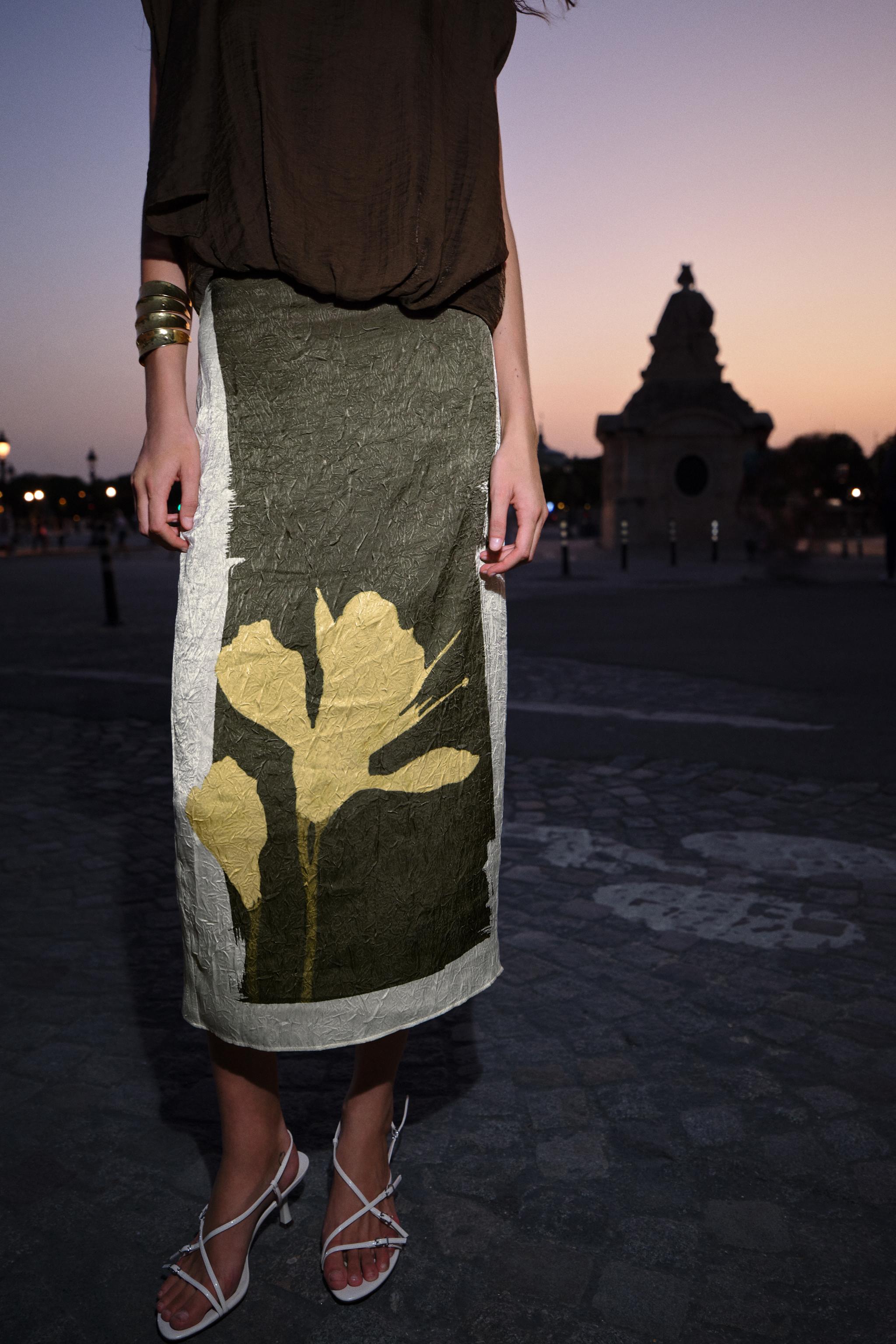 PRINTED WRINKLED EFFECT MIDI SKIRT