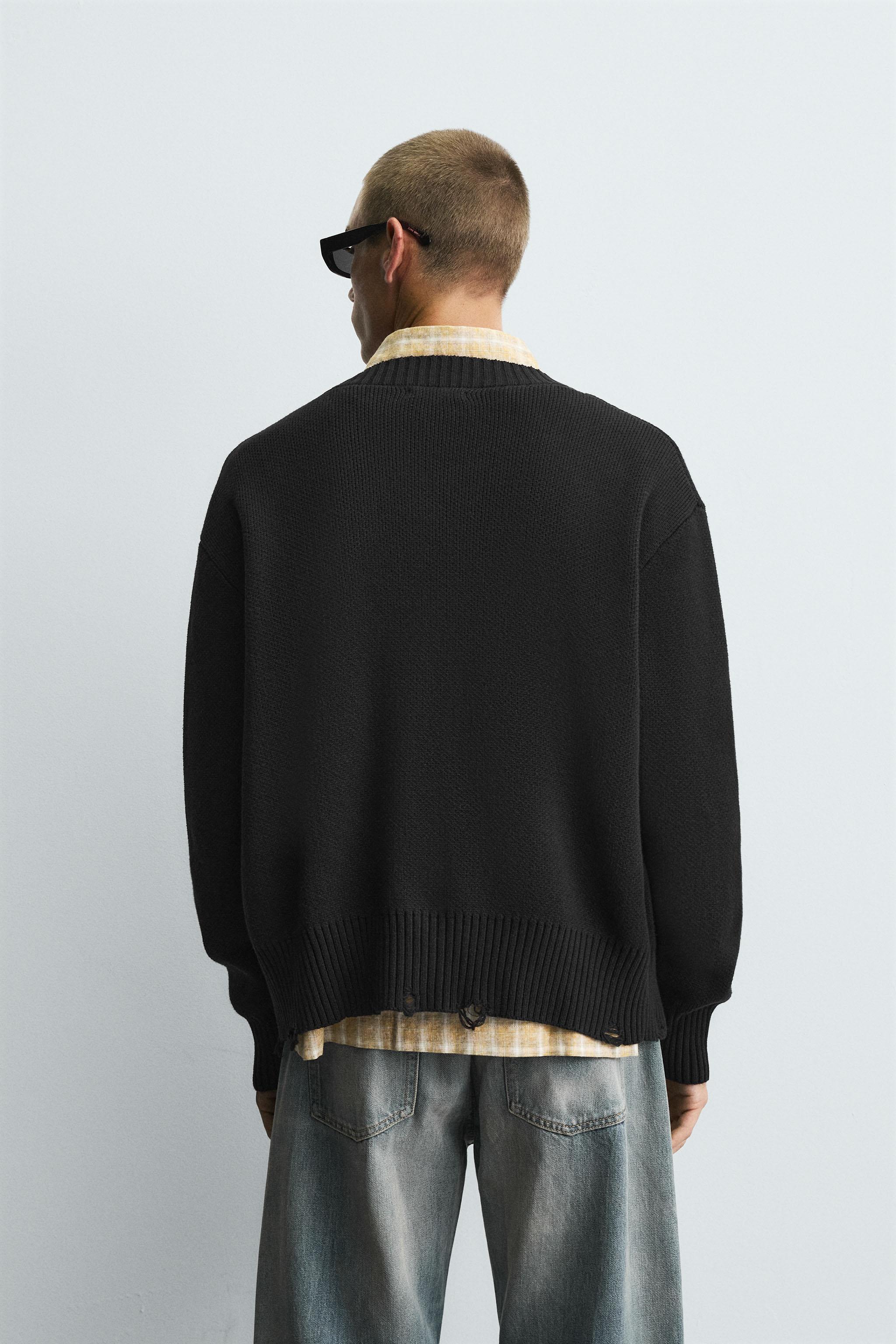 DISTRESSED RIBBED CARDIGAN