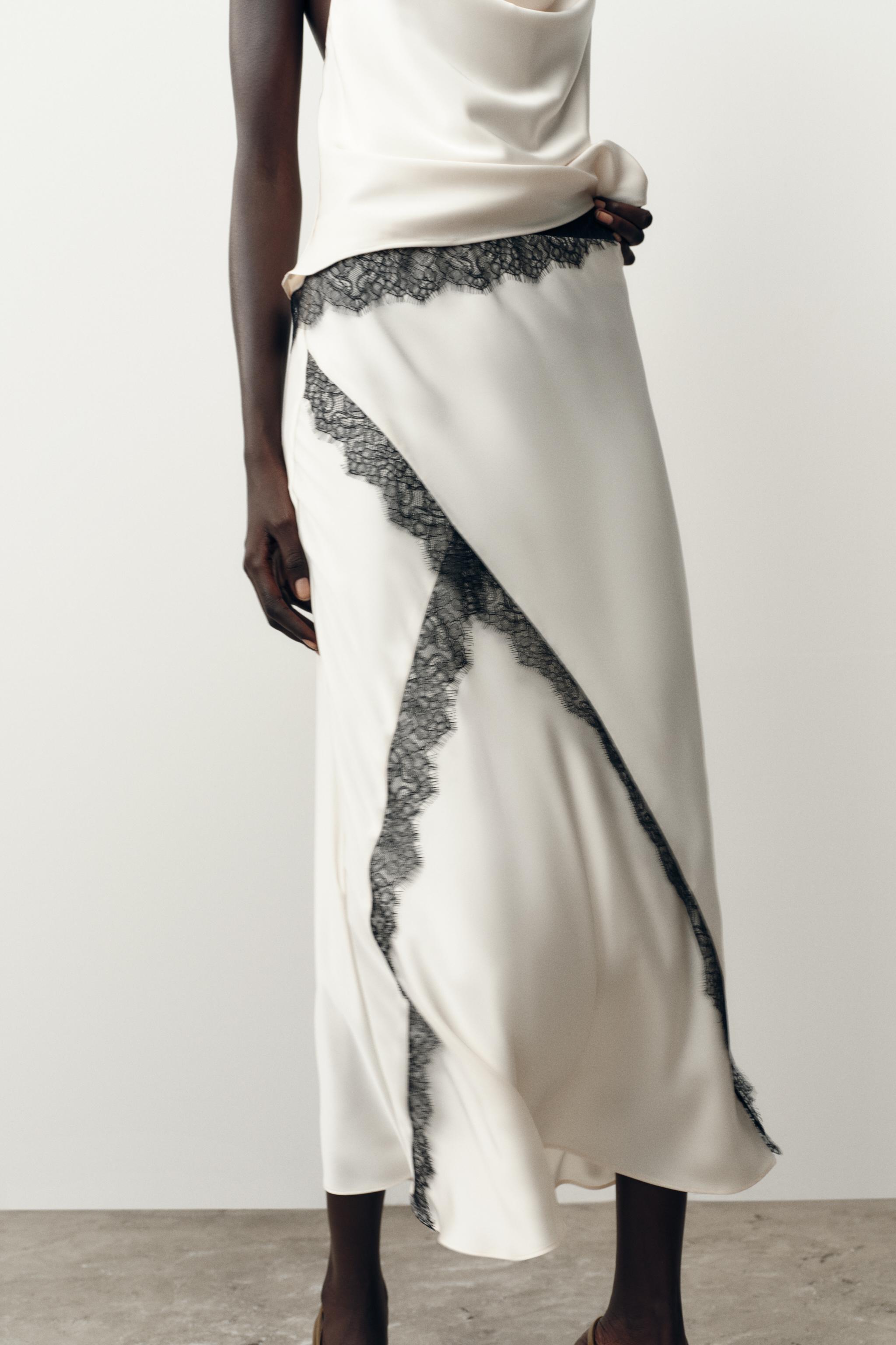 SATIN EFFECT LACE MIDI SKIRT