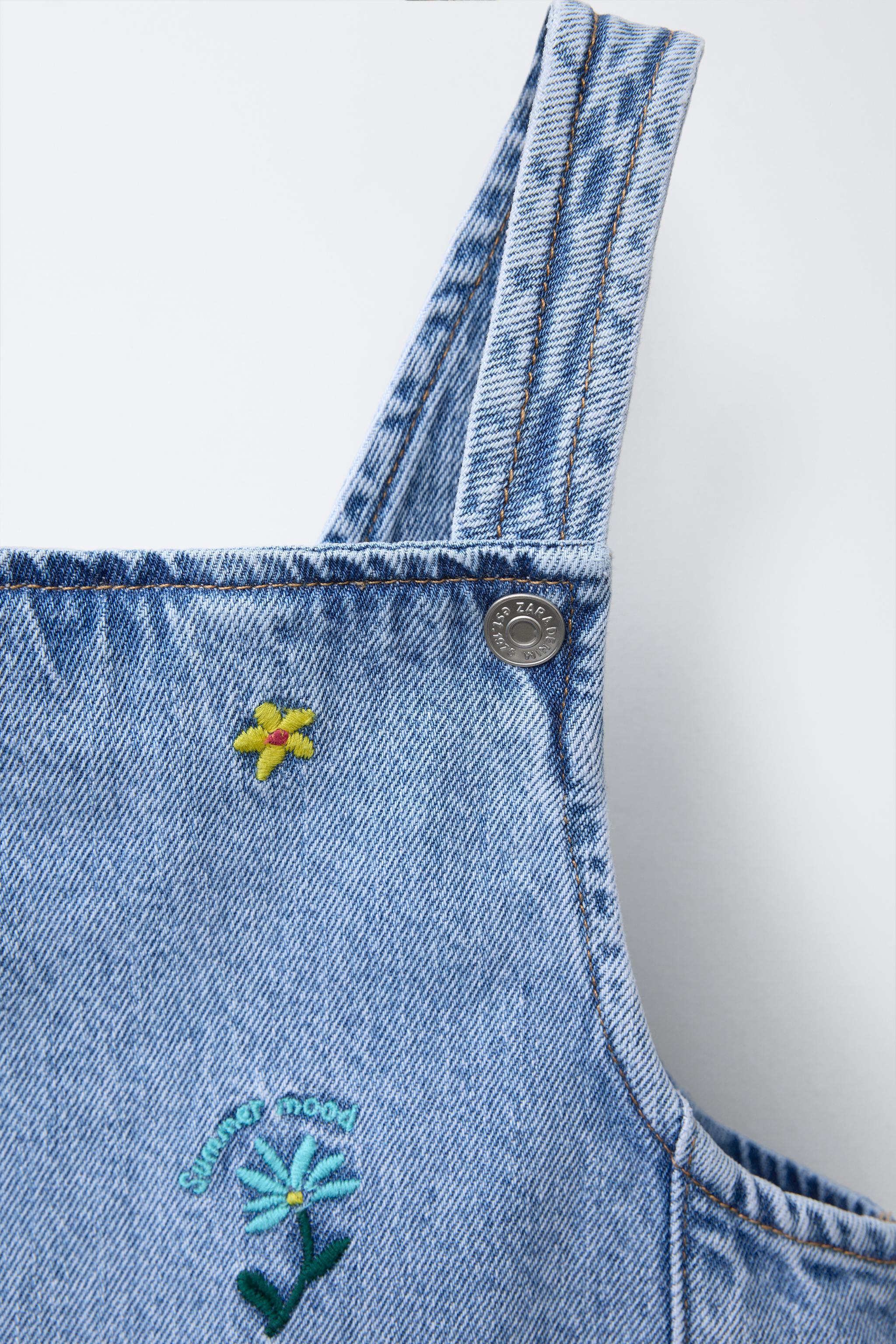 EMBROIDERED FLORAL DENIM PINAFORE DRESS