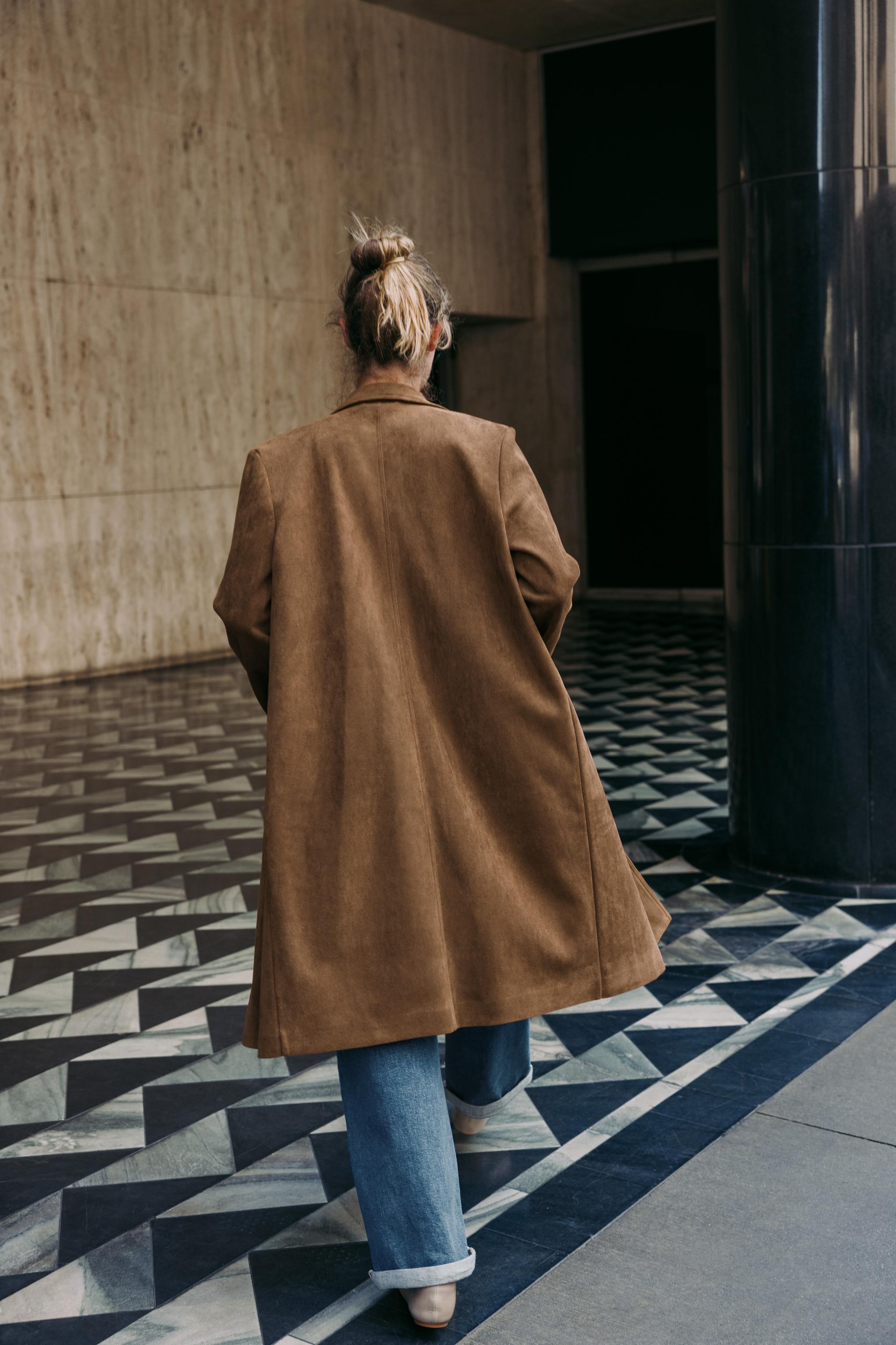 FAUX SUEDE FROCK COAT WITH BROOCH