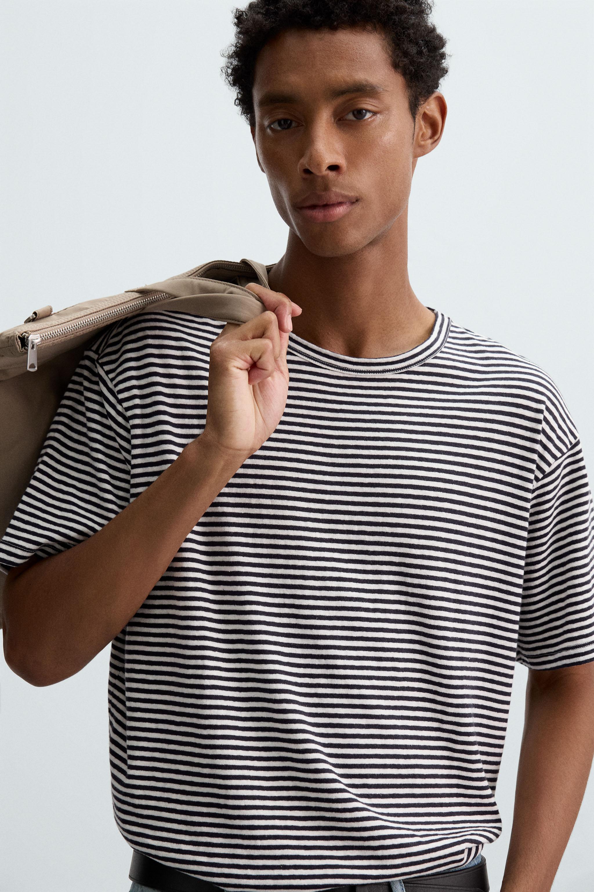 STRIPED COTTON LINEN BLEND T-SHIRT