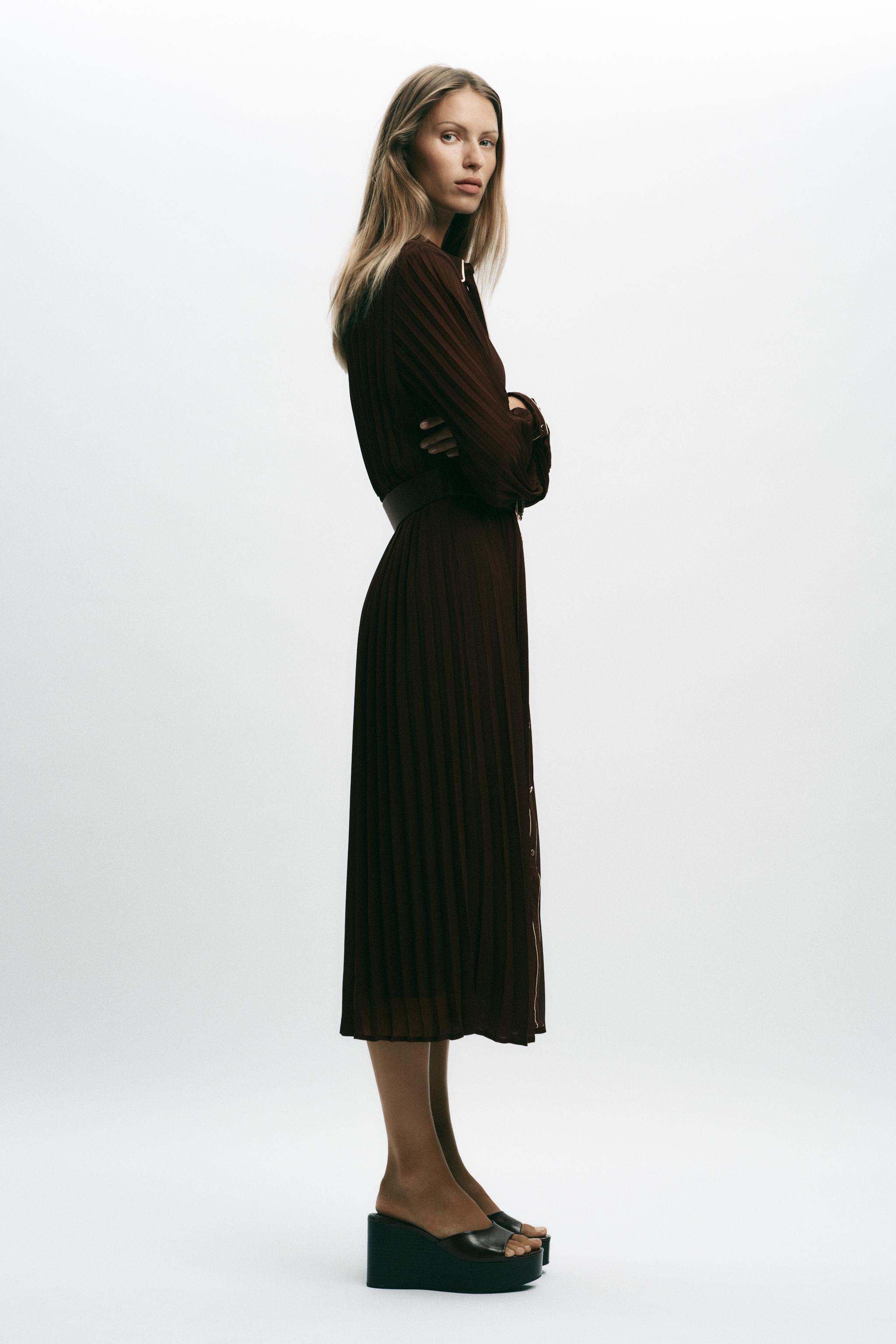 BELTED PLEATED MIDI DRESS