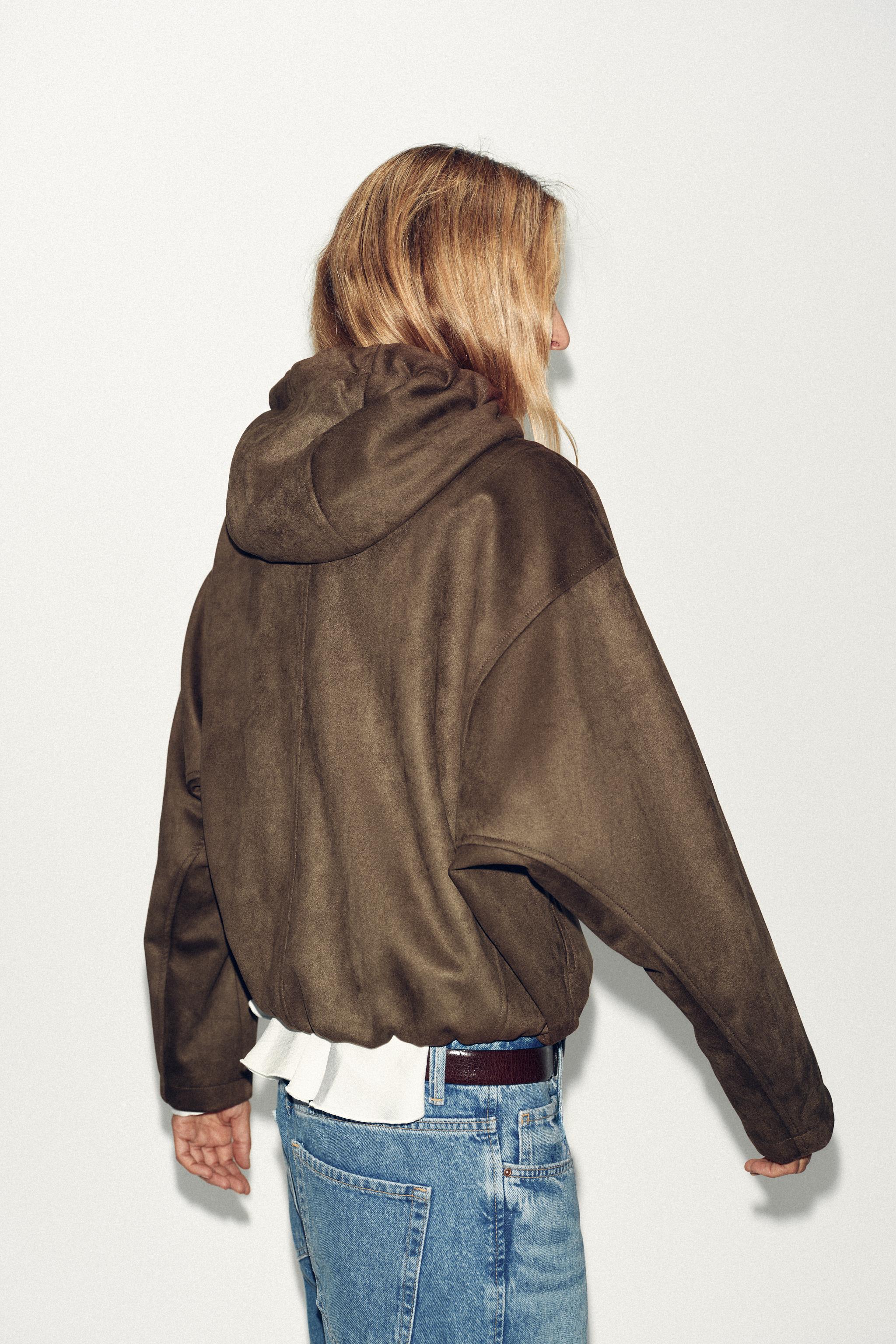 FAUX SUEDE HOODED BOMBER JACKET