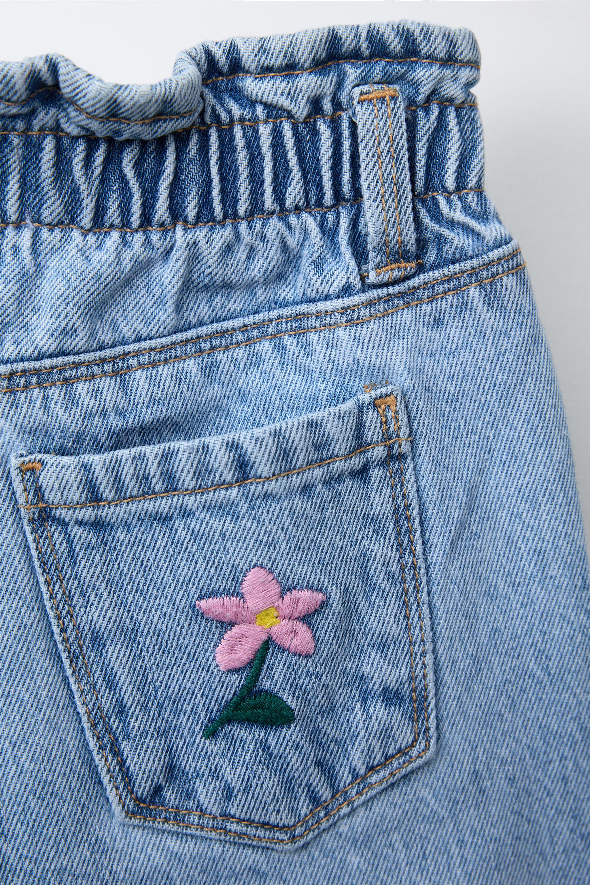 EMBROIDERED FLOWER PAPERBAG JEANS