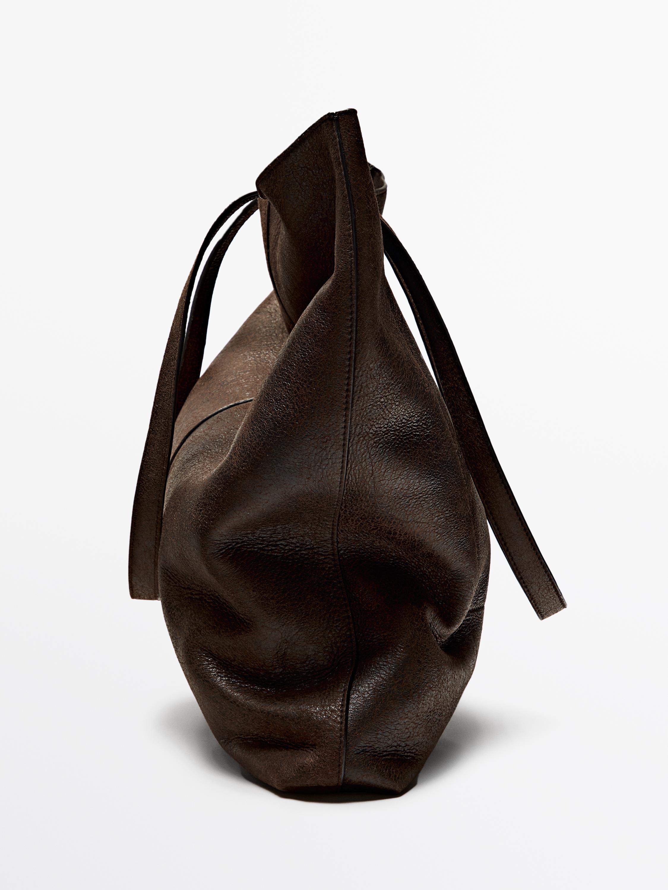 Suede leather tote bag with crackled finish
