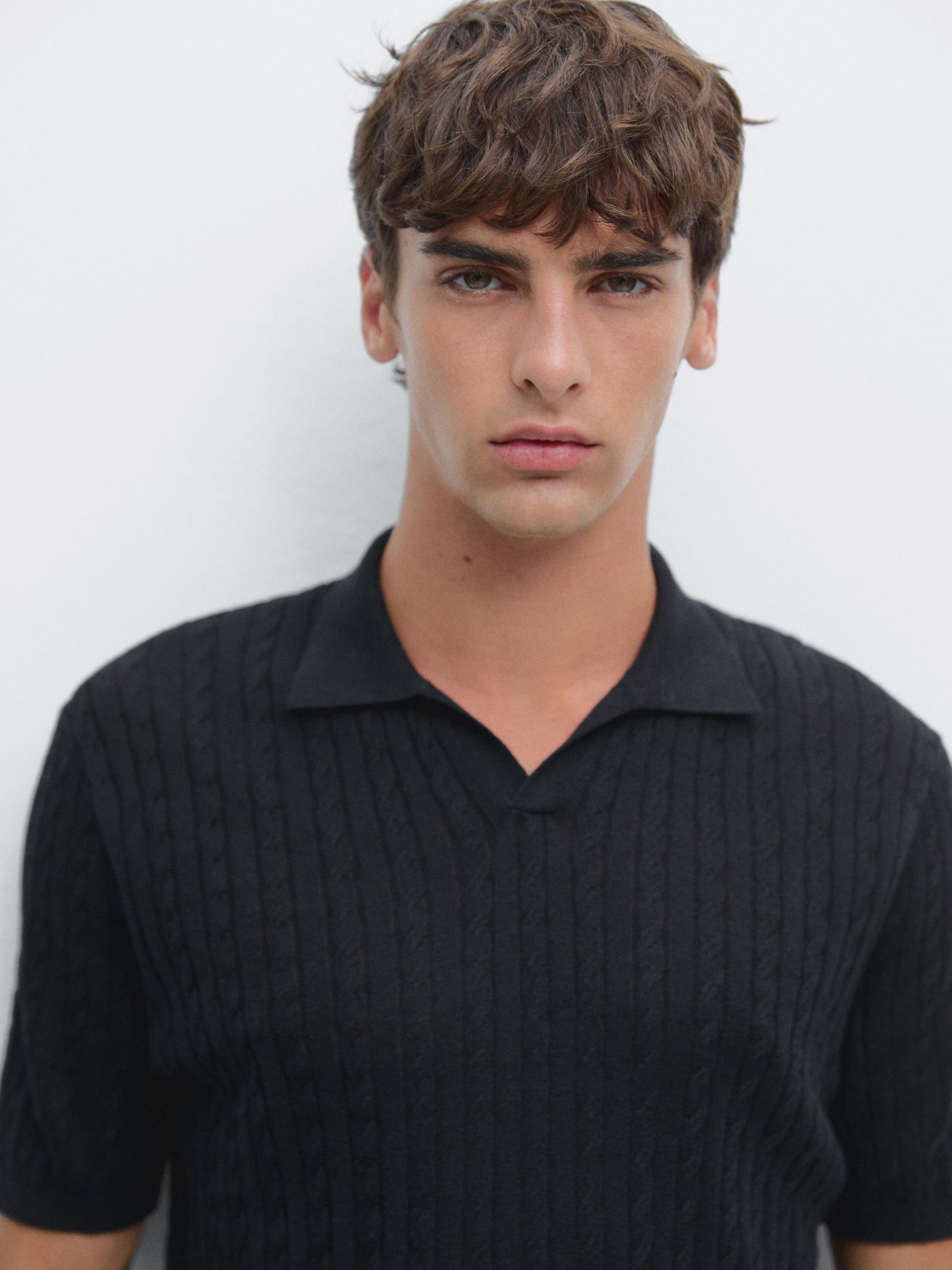 Cable-knit polo shirt