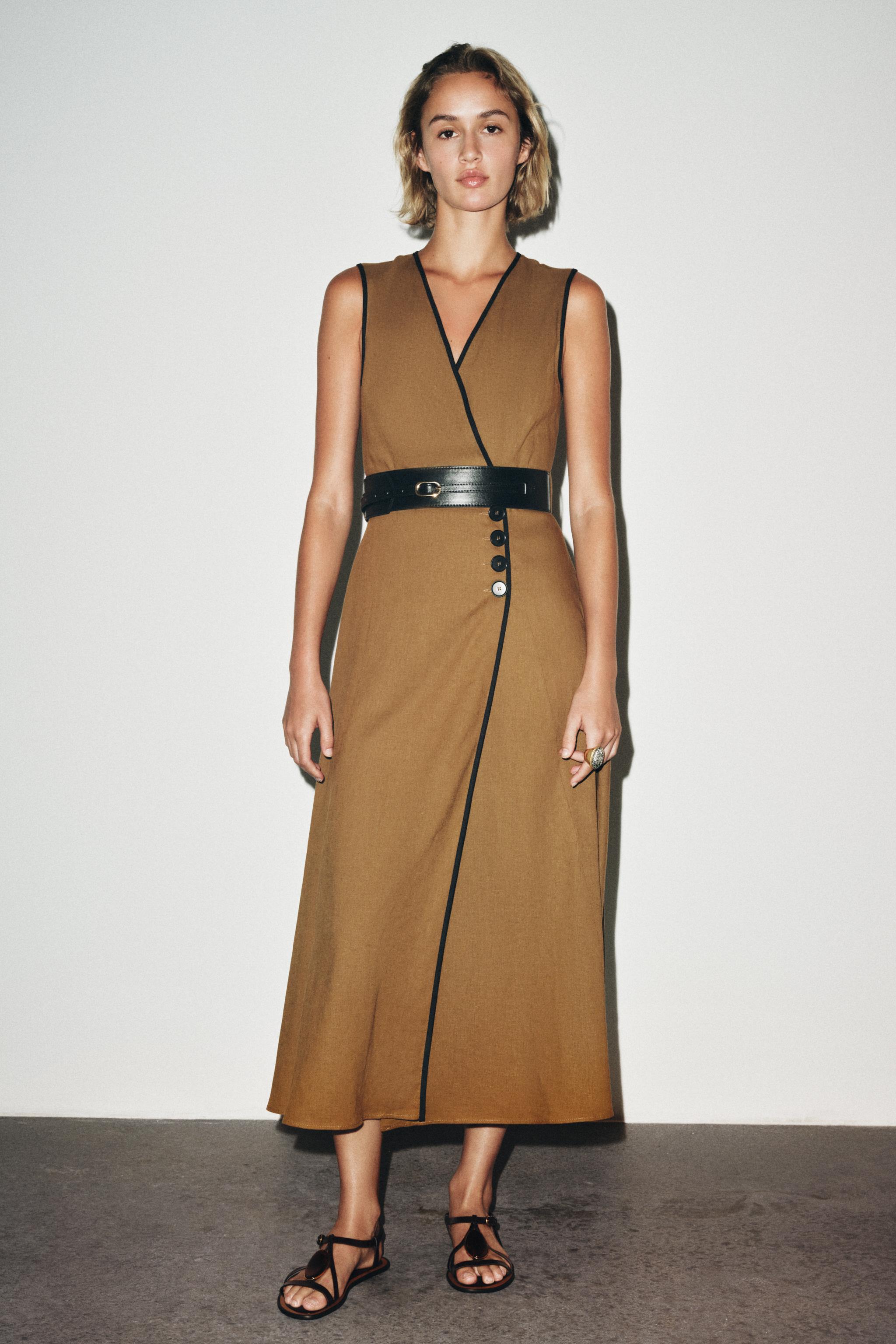 LINEN BELTED MIDI DRESS