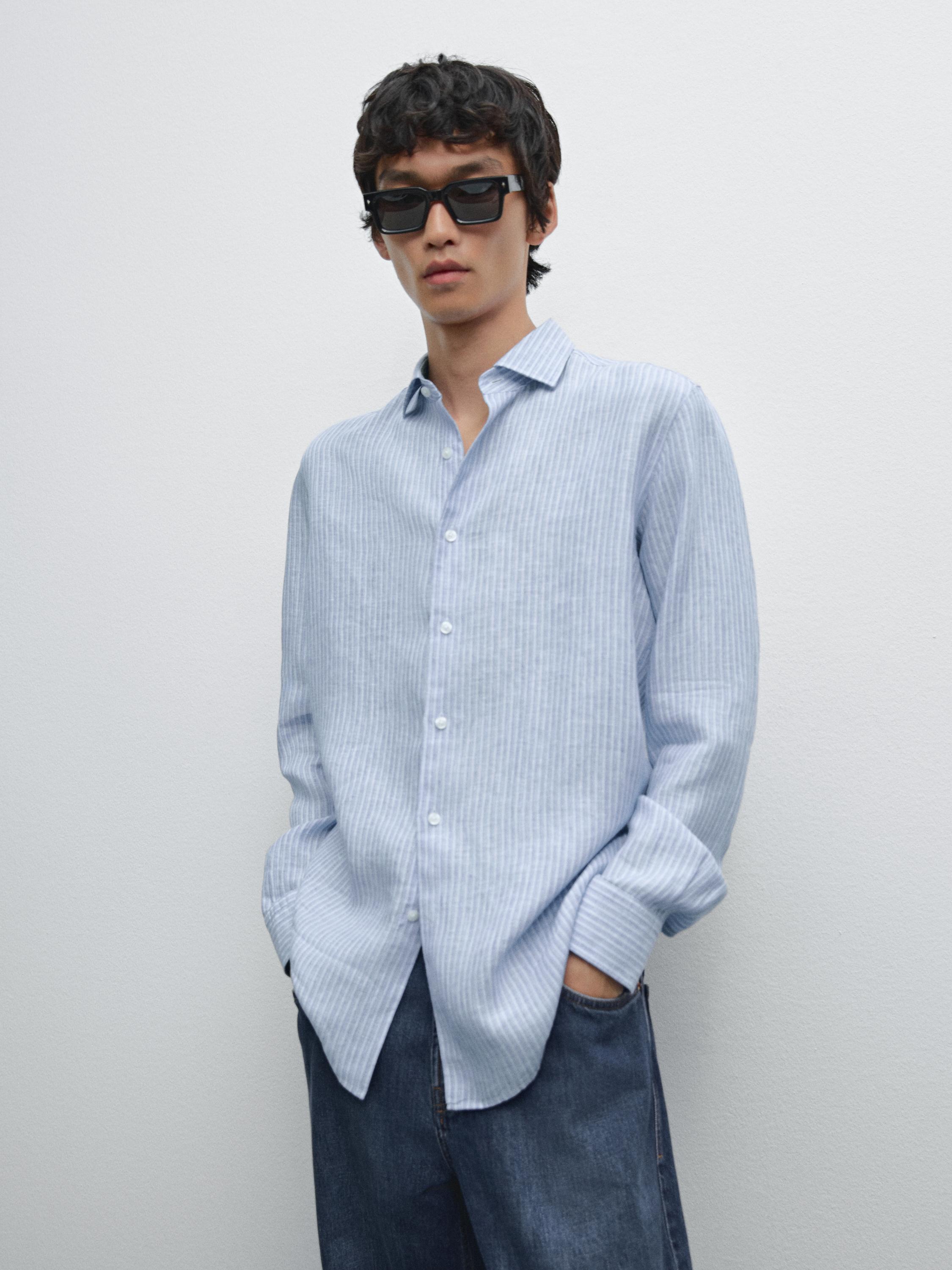 Regular fit striped 100% linen shirt