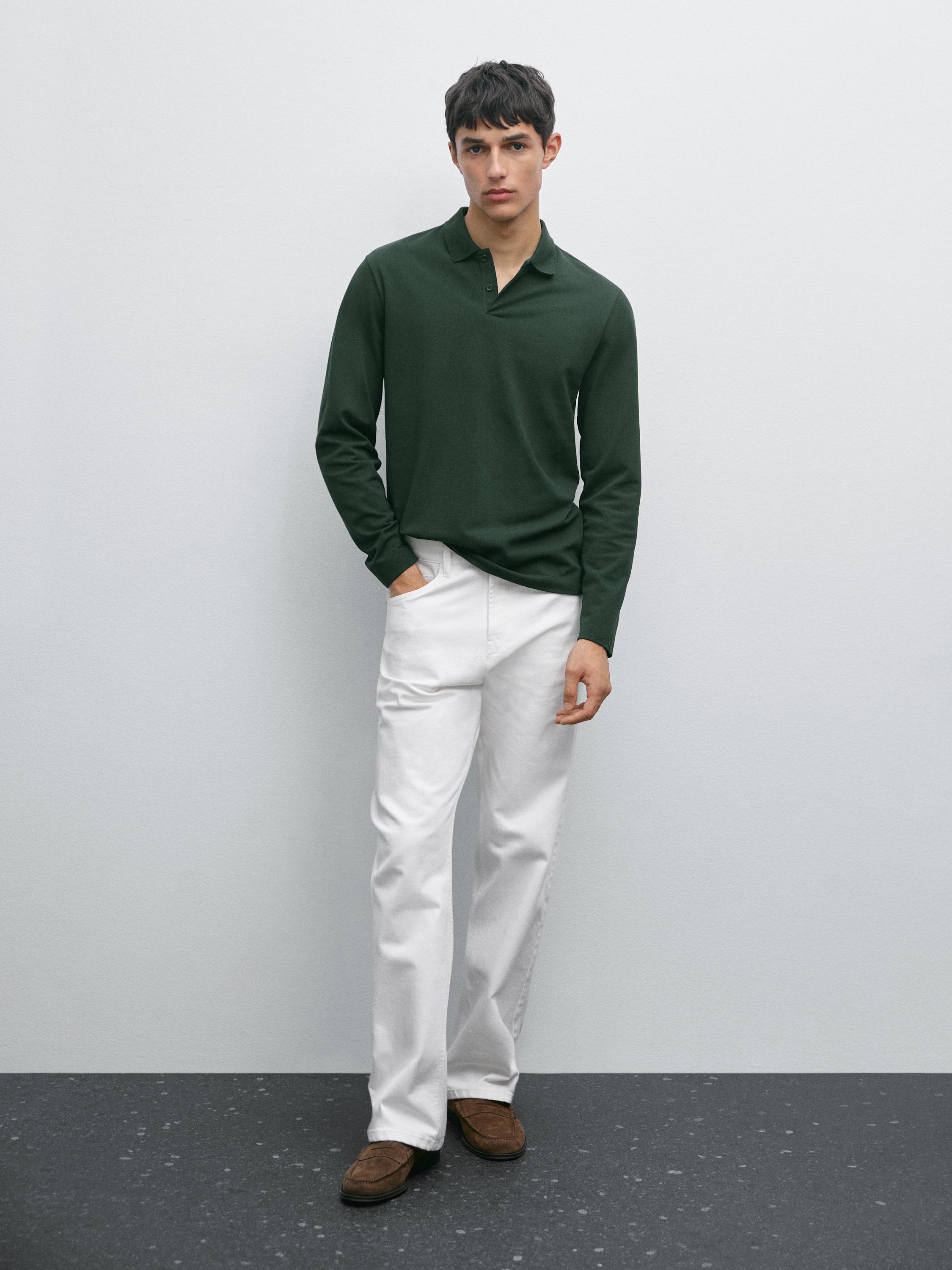 Long sleeve mercerised cotton piqué polo shirt