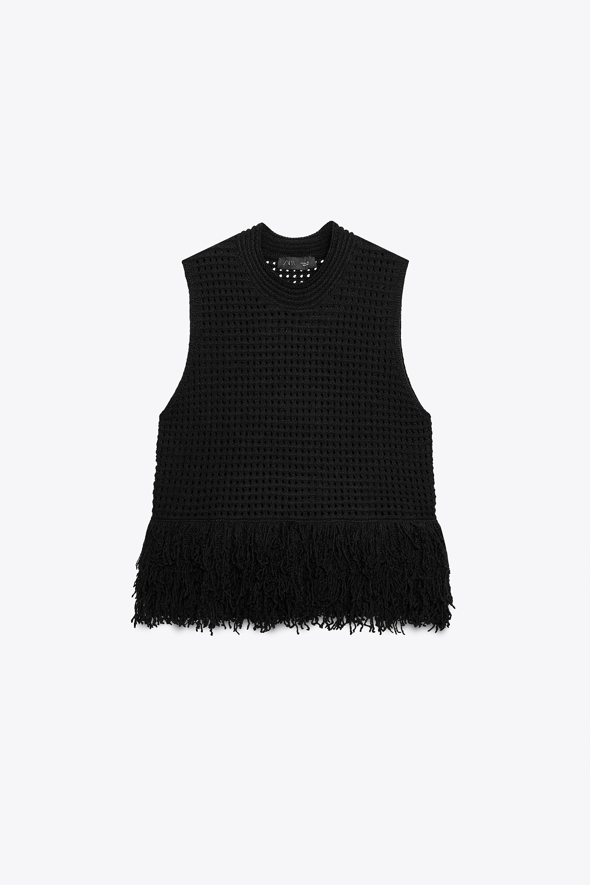 FRINGED CHECK KNIT TOP