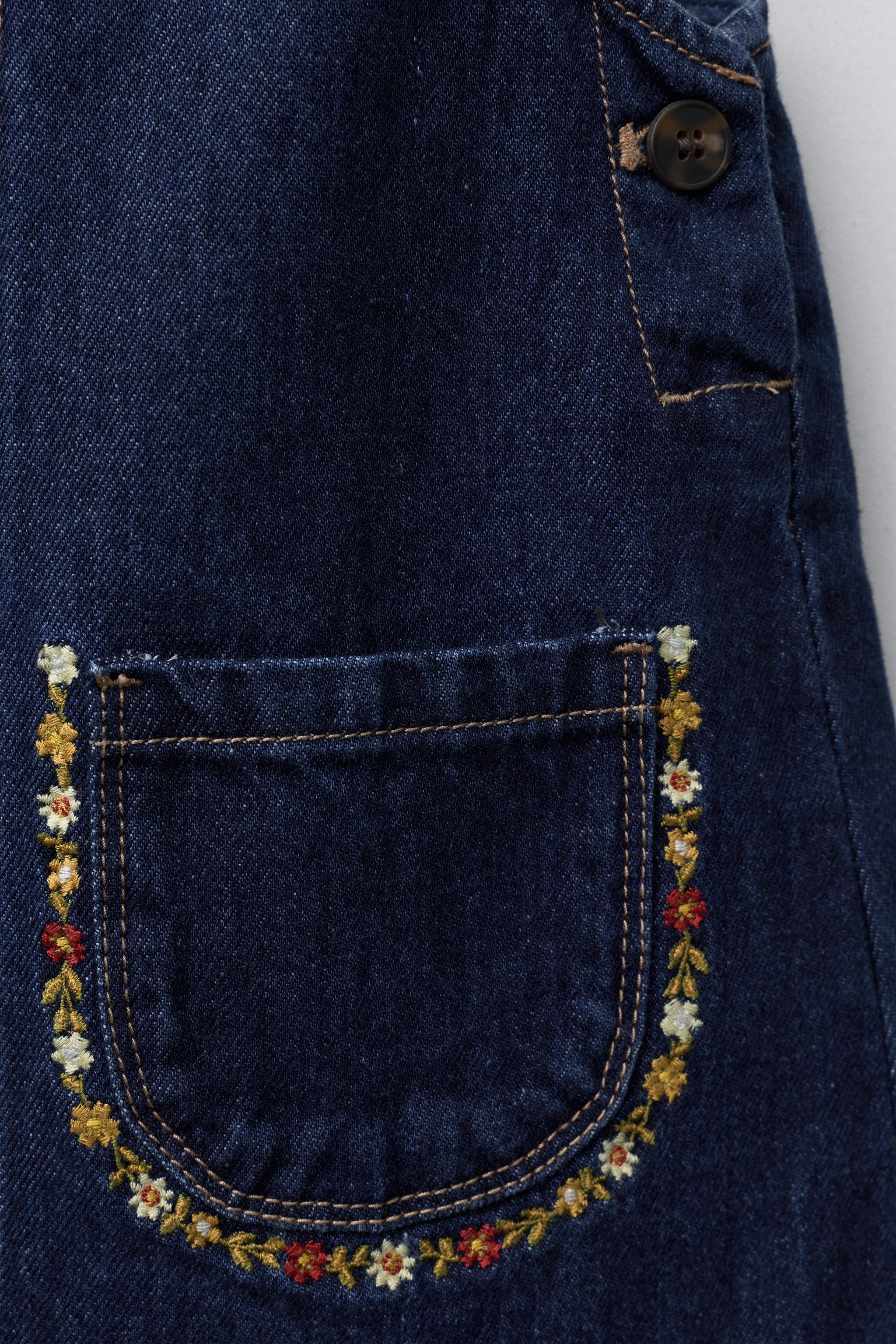 EMBROIDERED FLOWER DENIM OVERALL DRESS