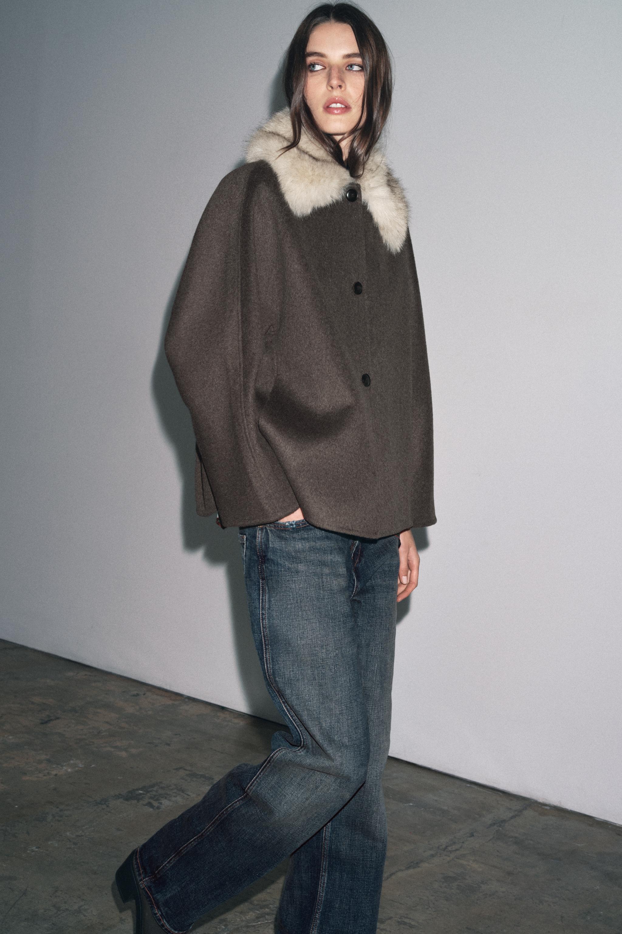 ZW COLLECTION WOOL BLEND FAUX FUR COLLAR JACKET