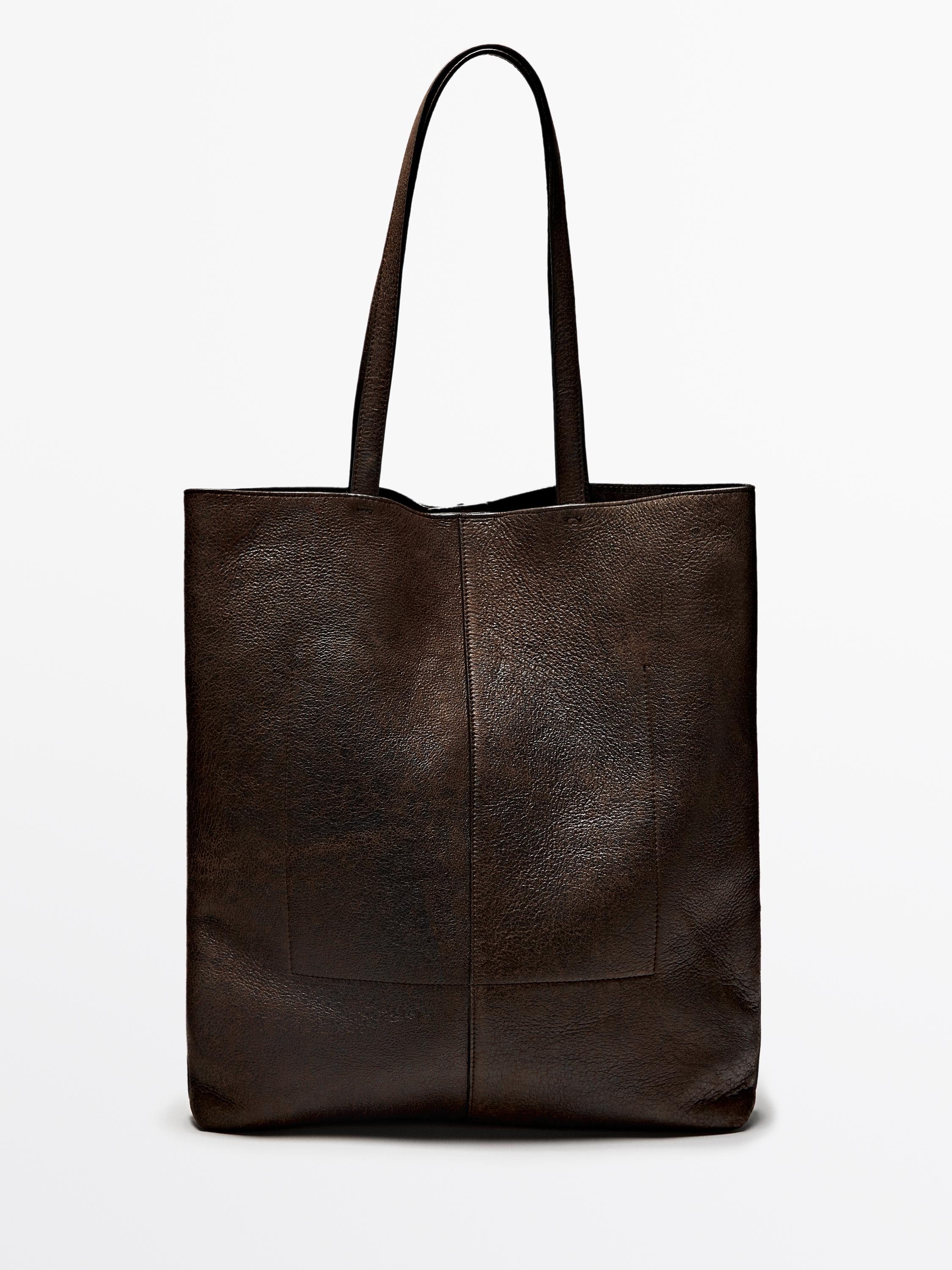 Suede leather tote bag with crackled finish