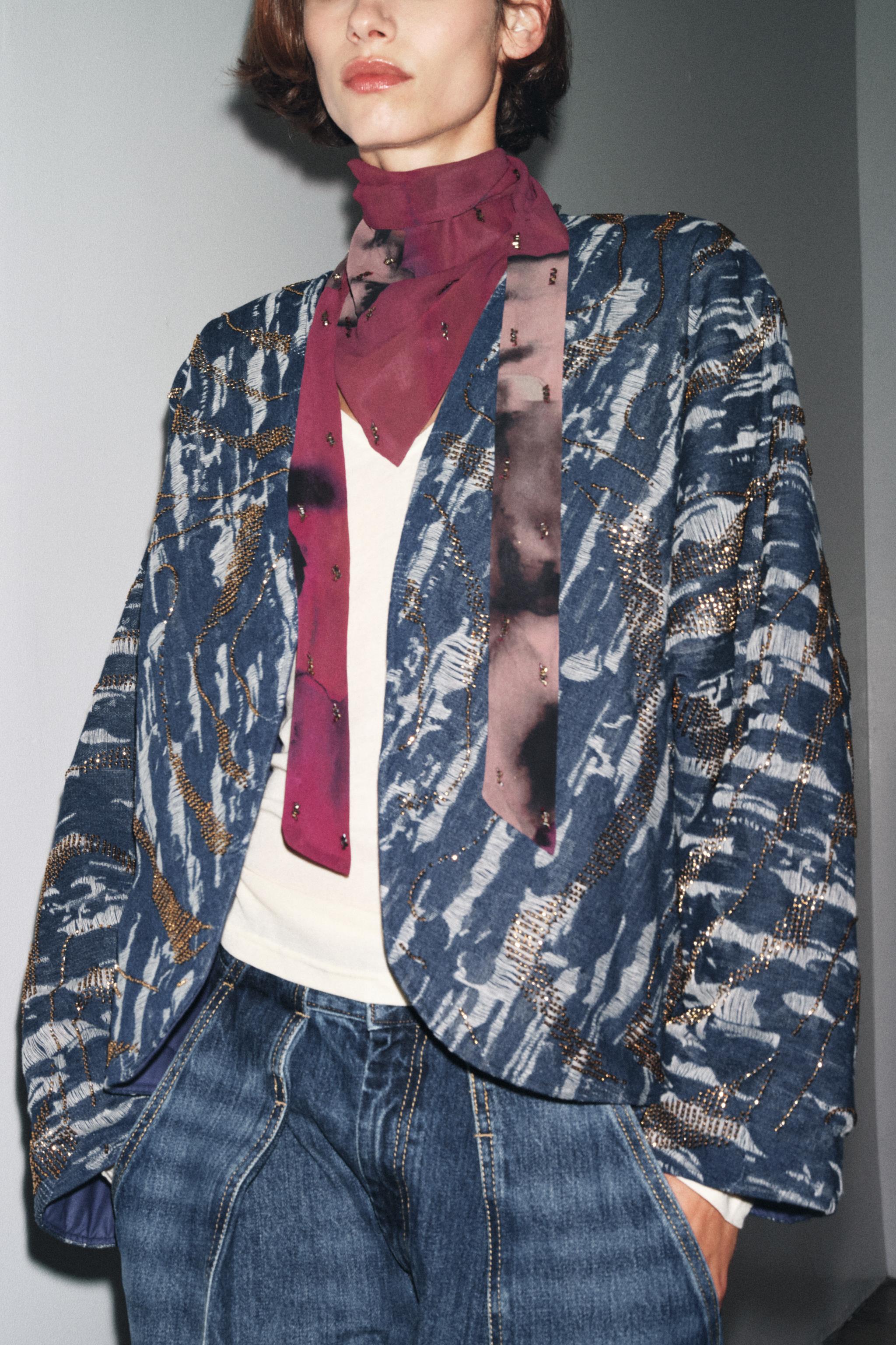 BEADED DENIM EFFECT PADDED KIMONO