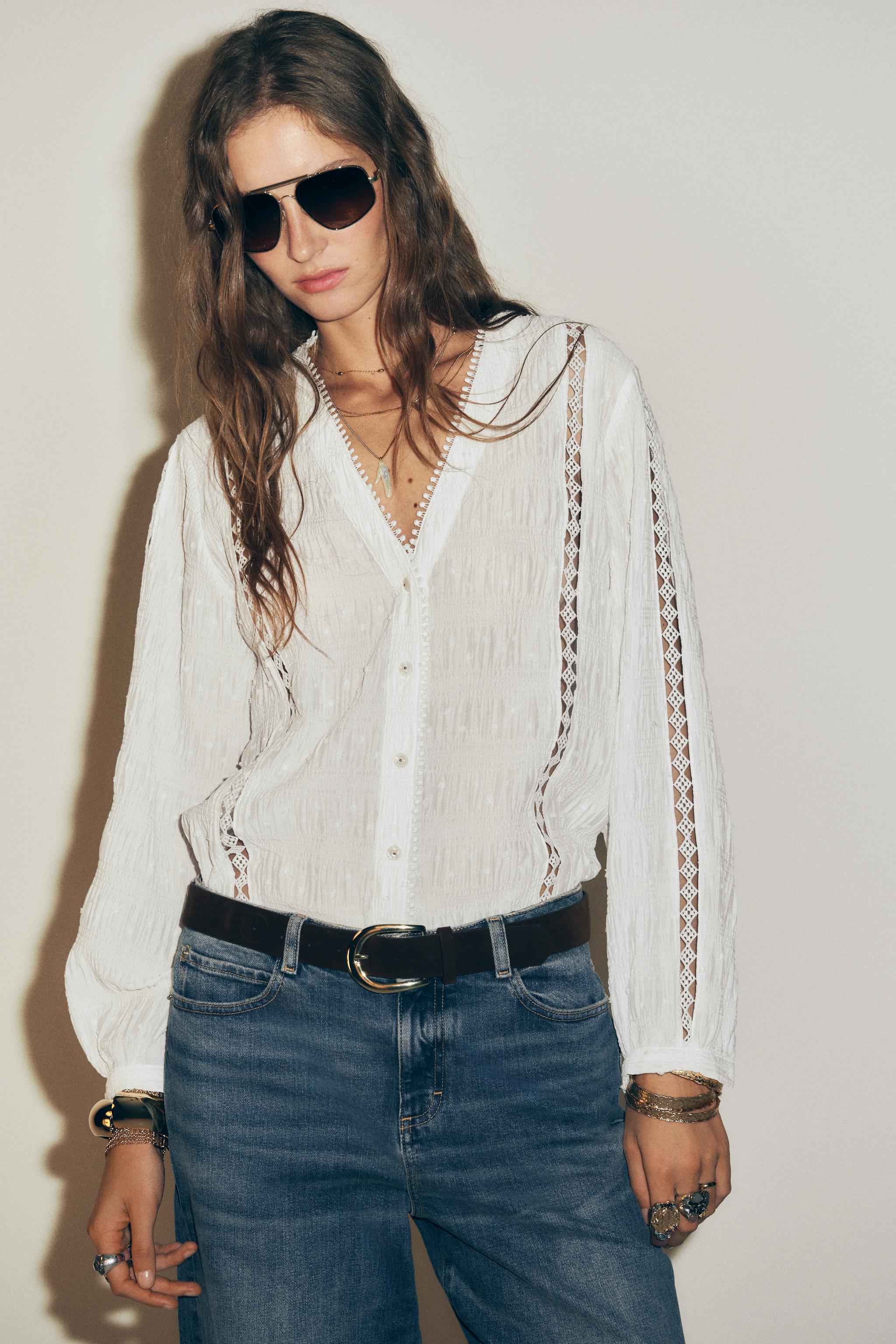 DOTTED MESH LACE TRIM BLOUSE