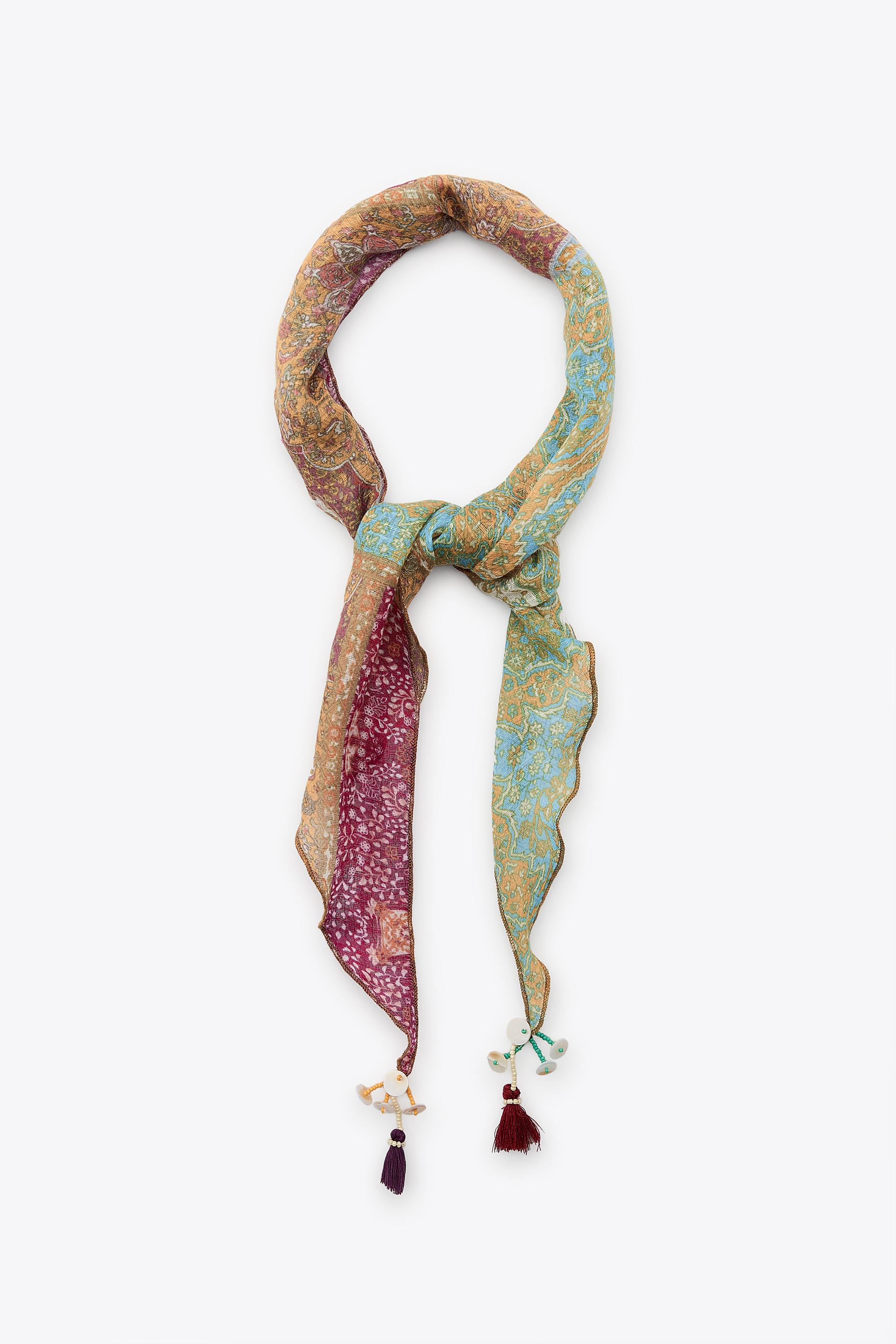 PRINTED BEADED POMPOM BANDANA