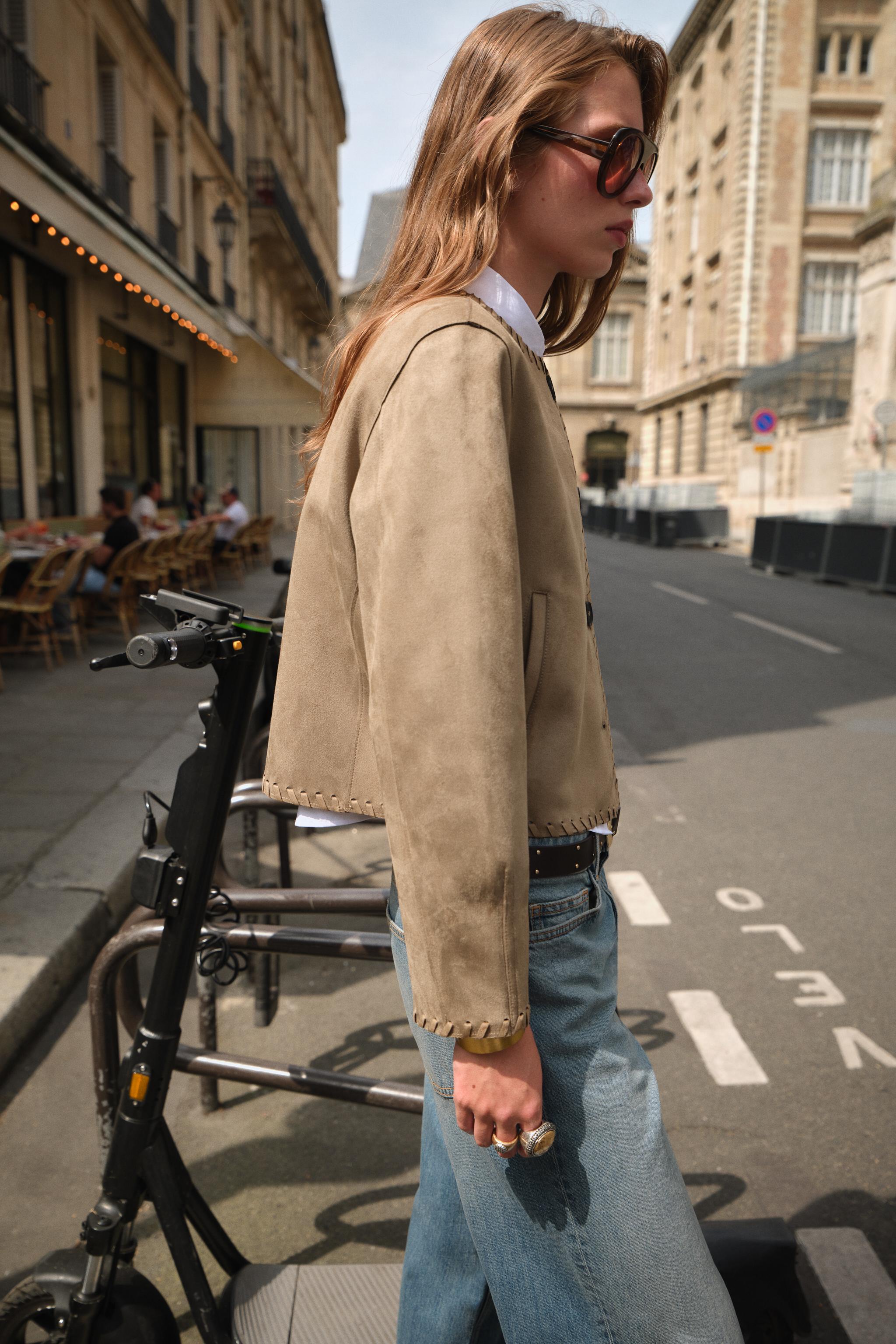 FAUX SUEDE JACKET WITH BRAIDED TRIM