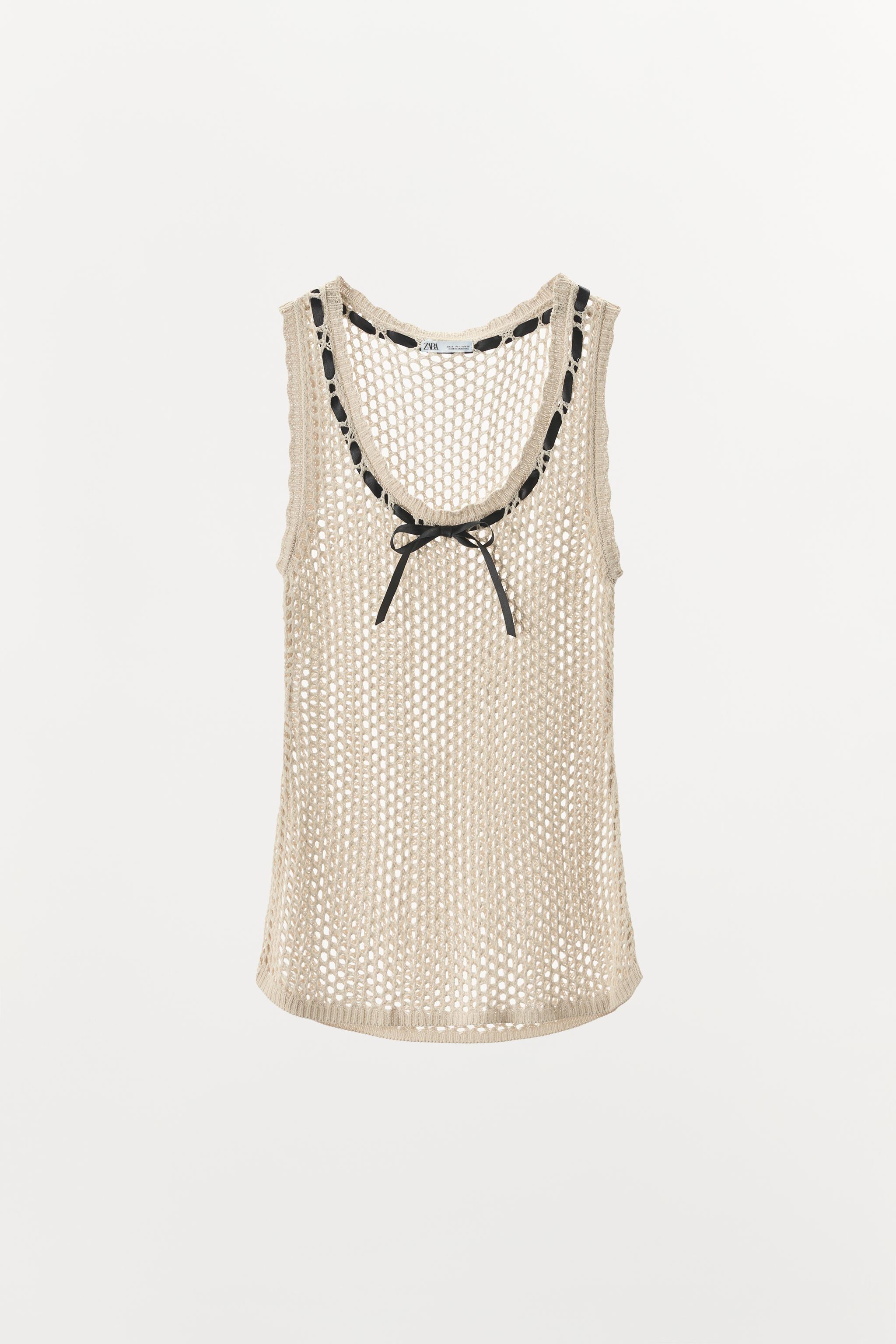 CONTRAST BOW OPEN KNIT T-SHIRT