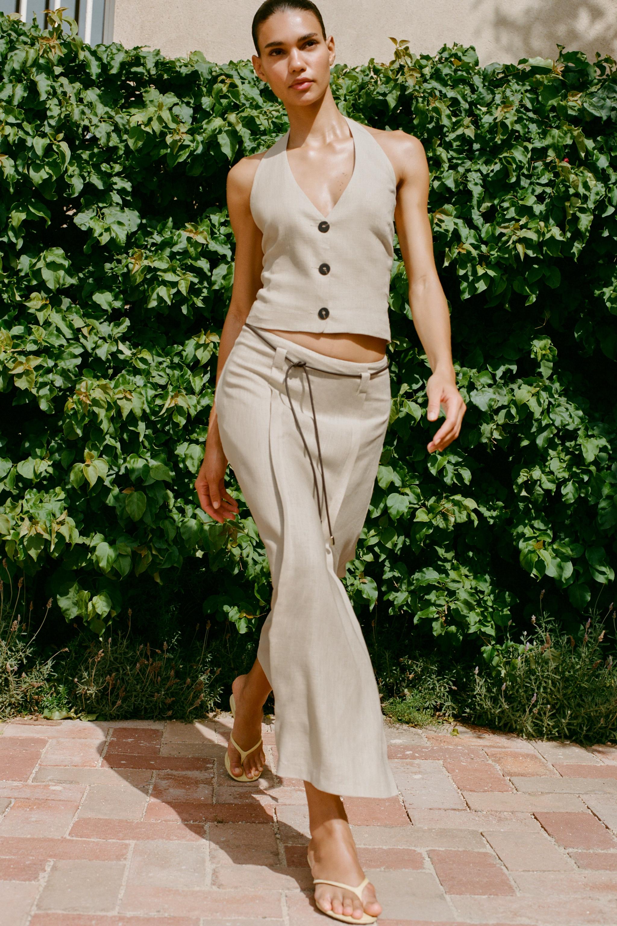 LINEN BELTED MIDI SKIRT