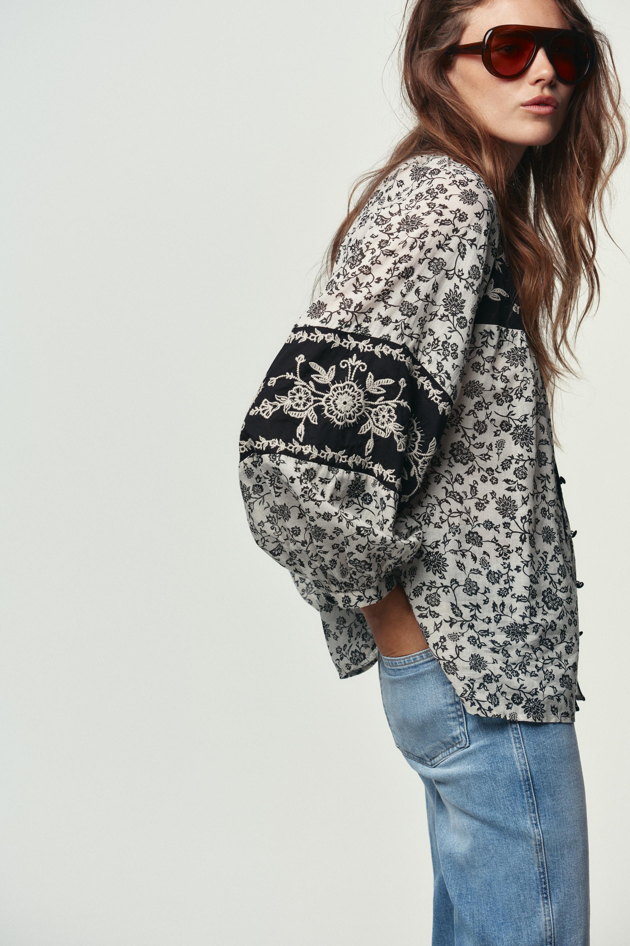 FLORAL PRINT BEADED EMBROIDERY BLOUSE