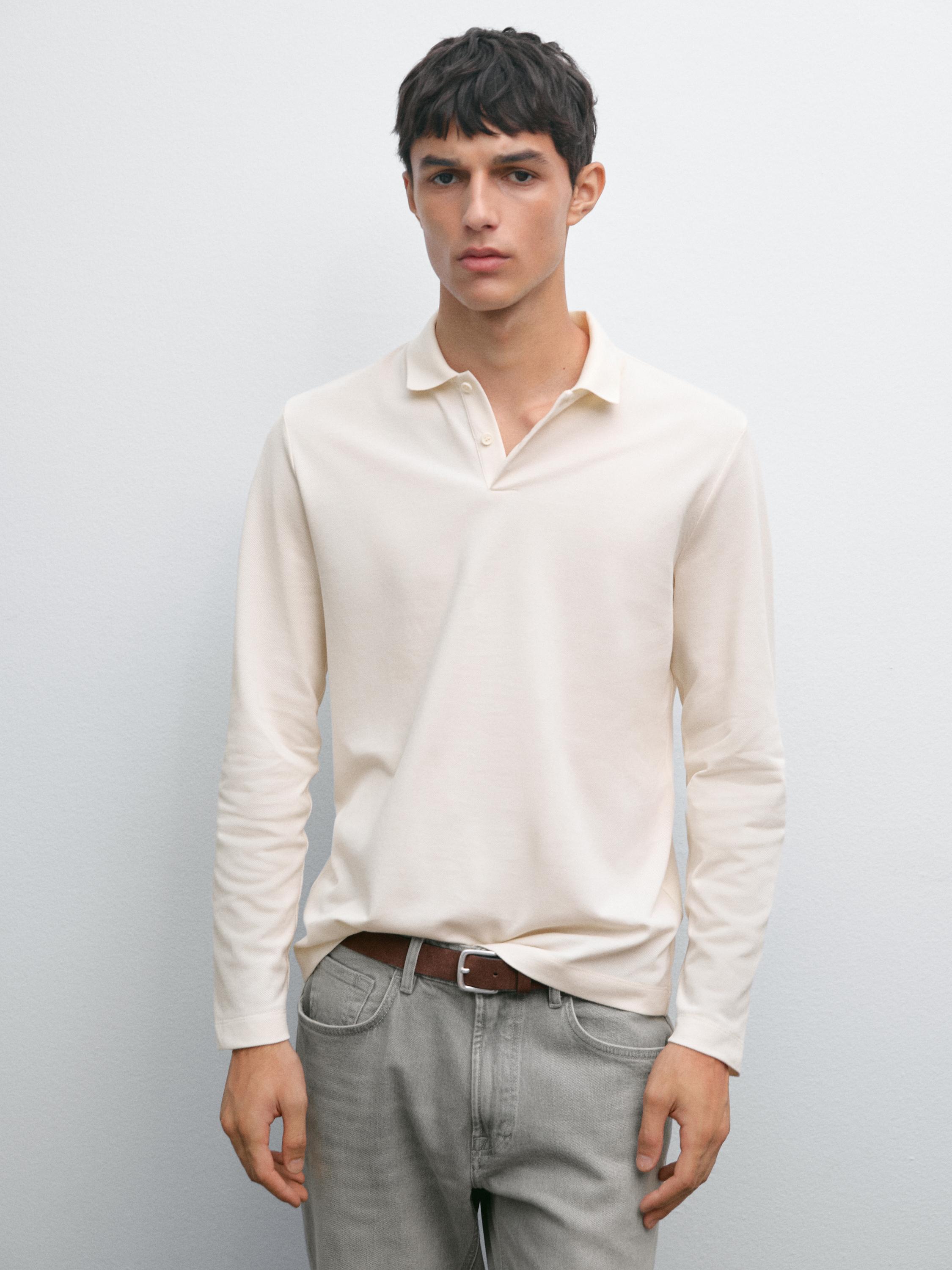 Long sleeve mercerised cotton piqué polo shirt