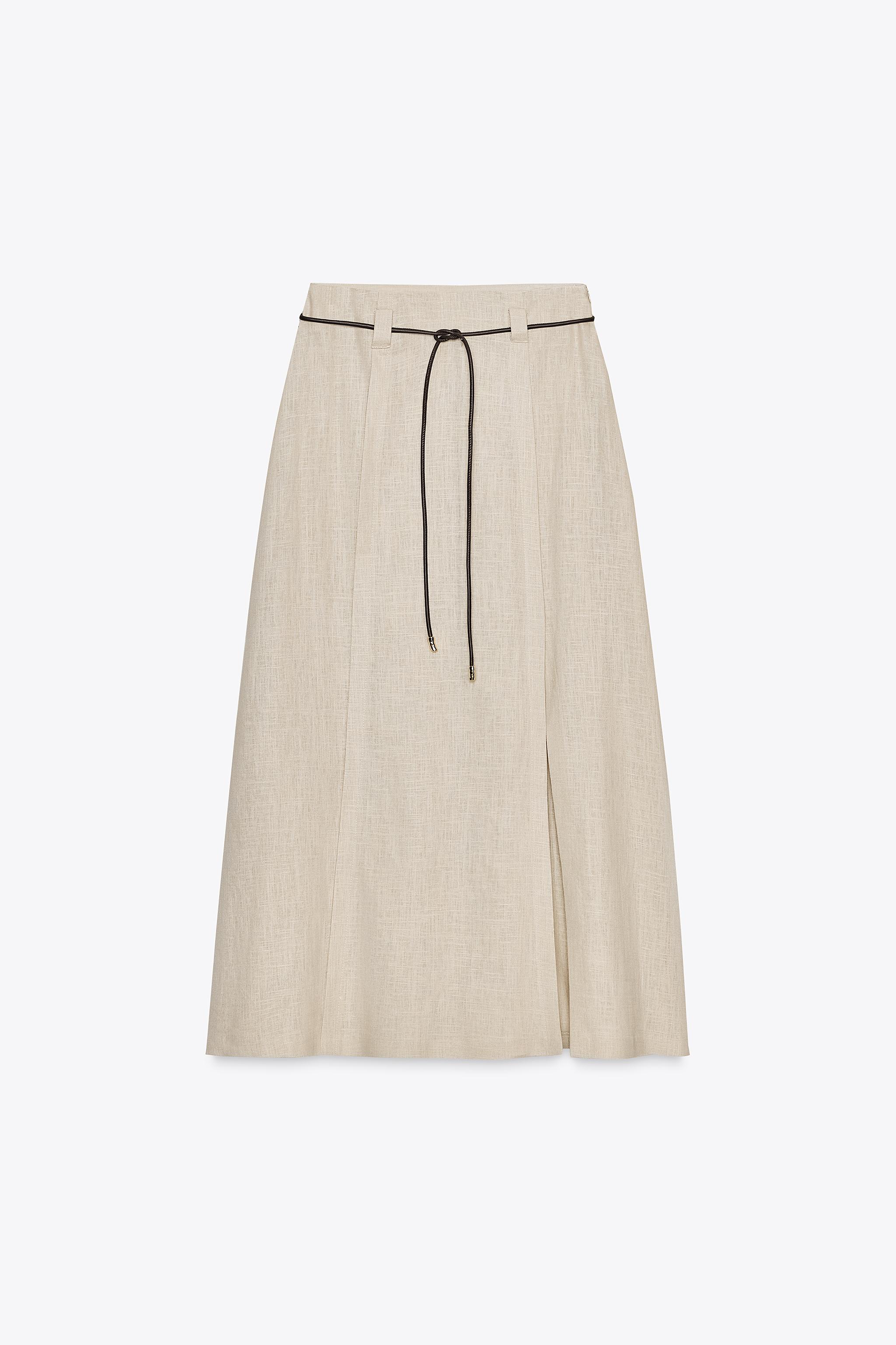 LINEN BELTED MIDI SKIRT