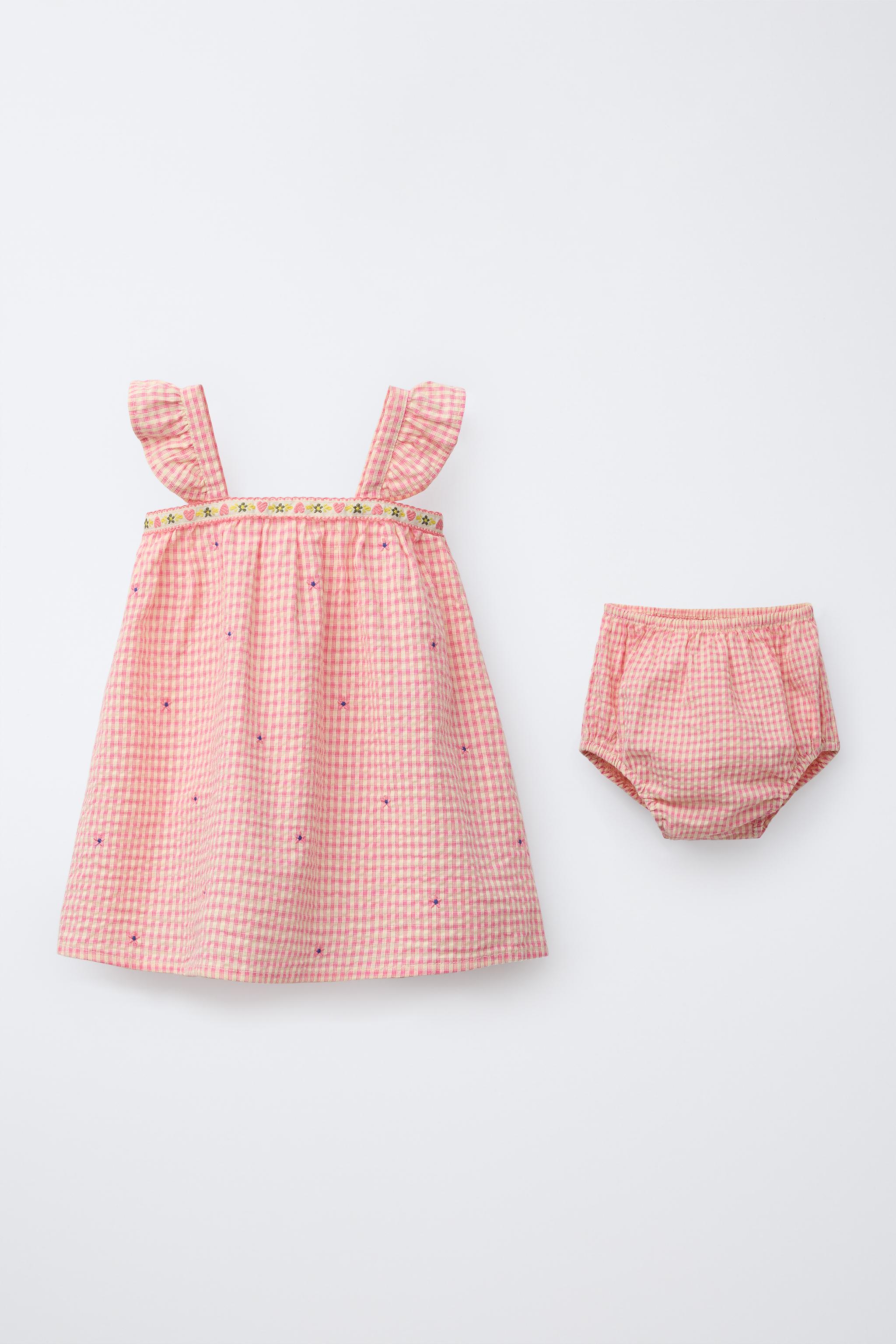GINGHAM CHECK DRESS AND BLOOMERS WITH EMBROIDERED FLOWERS