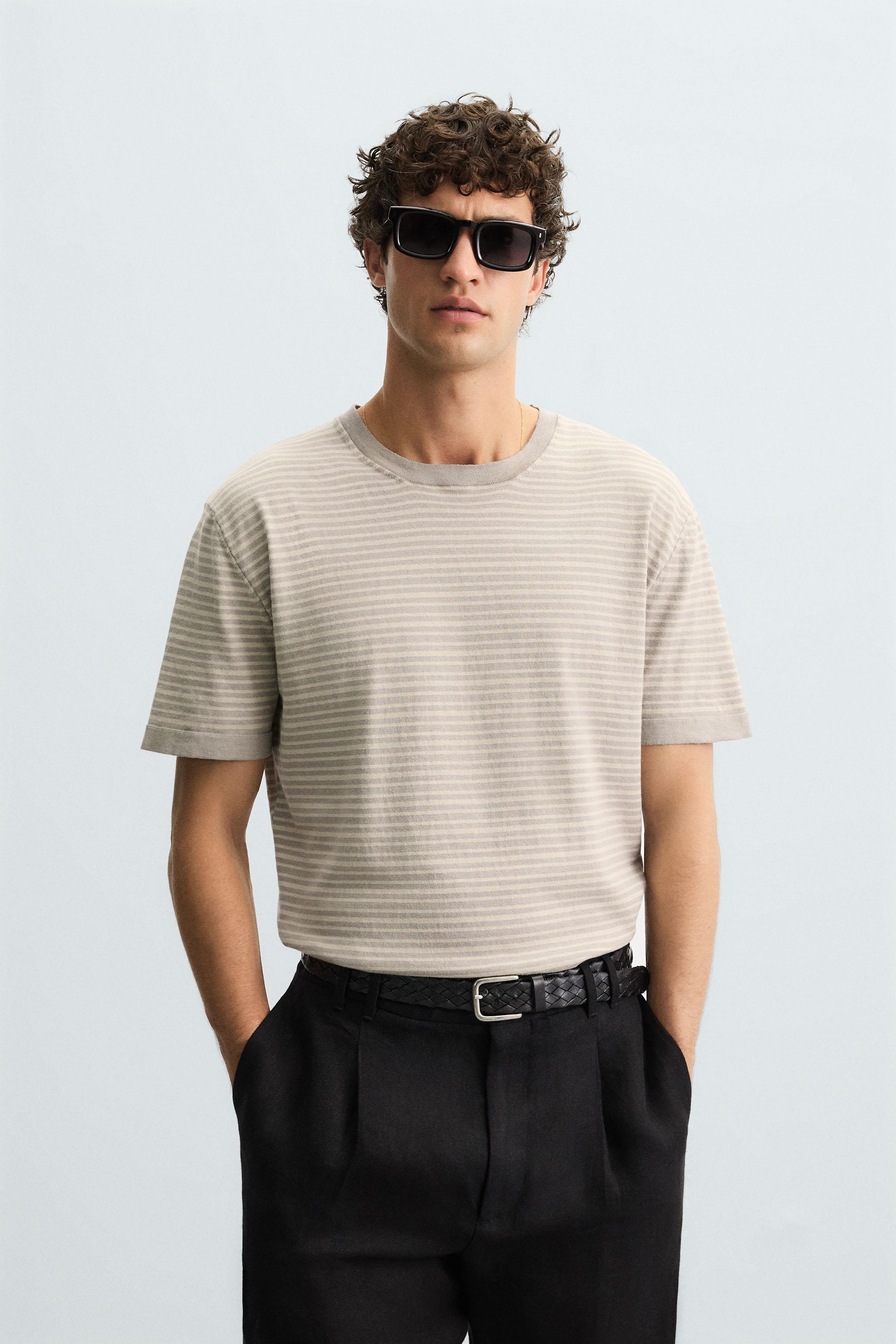 STRIPED COTTON LINEN KNIT T-SHIRT