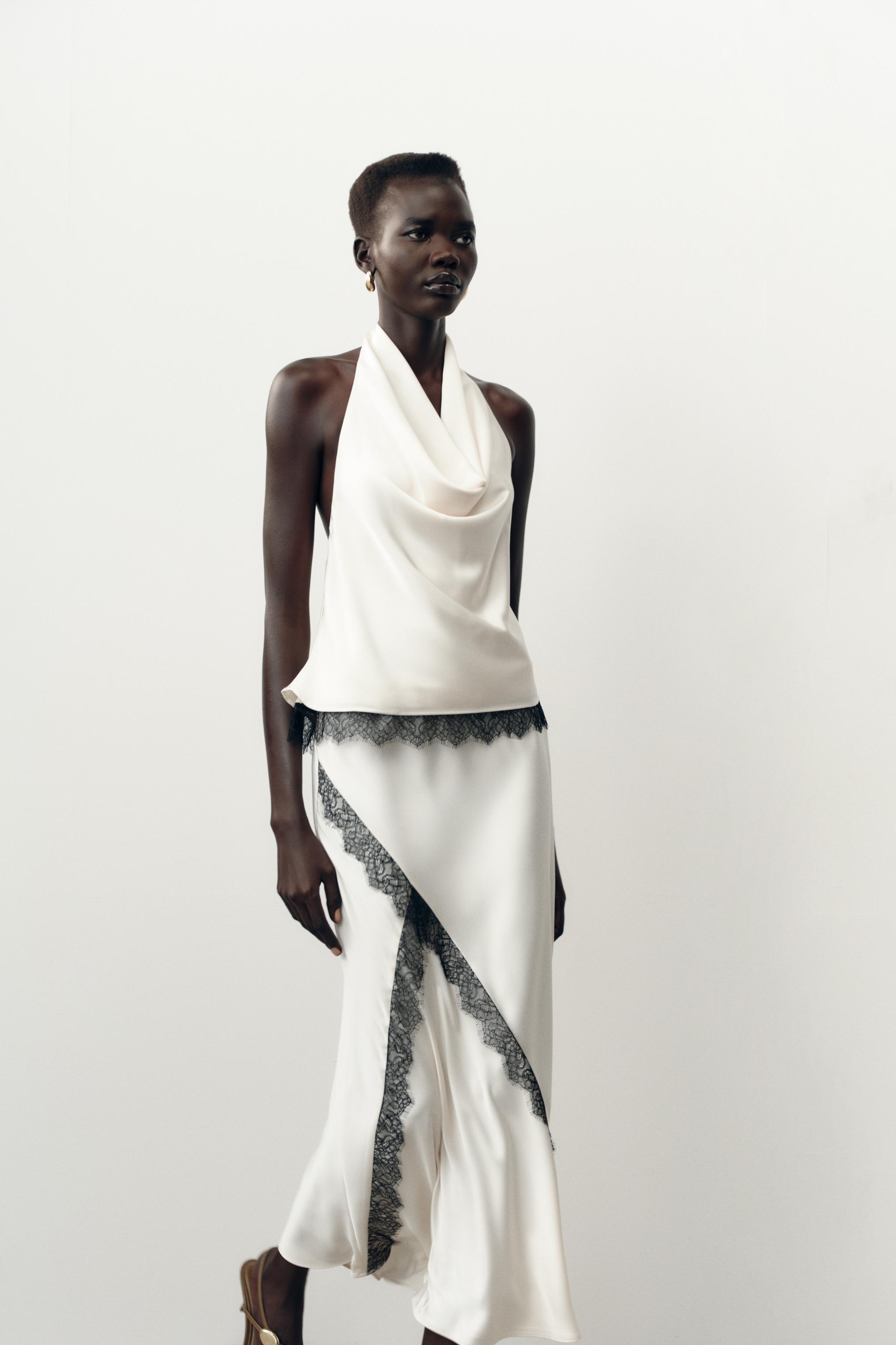 SATIN EFFECT LACE MIDI SKIRT